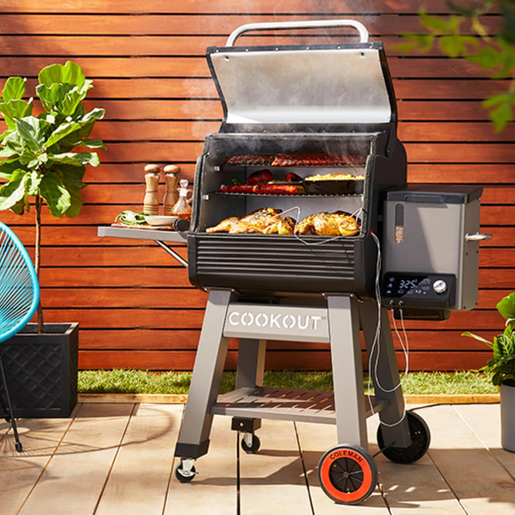 Coleman Cookout 1000 Pellet Grill with 1035-Sq. In. Total Cooking Surface, LED Digital Controller, Timer, 2 Meat Probes, and Side Shelf, Pellet Smoker Grill with Fully Insulated Lid in Black/Gray