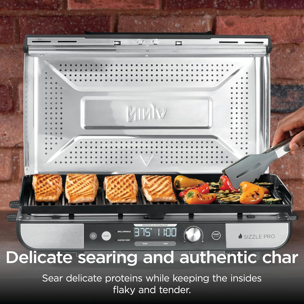 Ninja Sizzle Pro XL 20-Inch Indoor Griddle + Grill, Detachable Ventilated Lid, Grease Control, Ceramic Nonstick Plates, Even Edge Cooking, Extra Large Capacity, Versatile, Silver, GX101