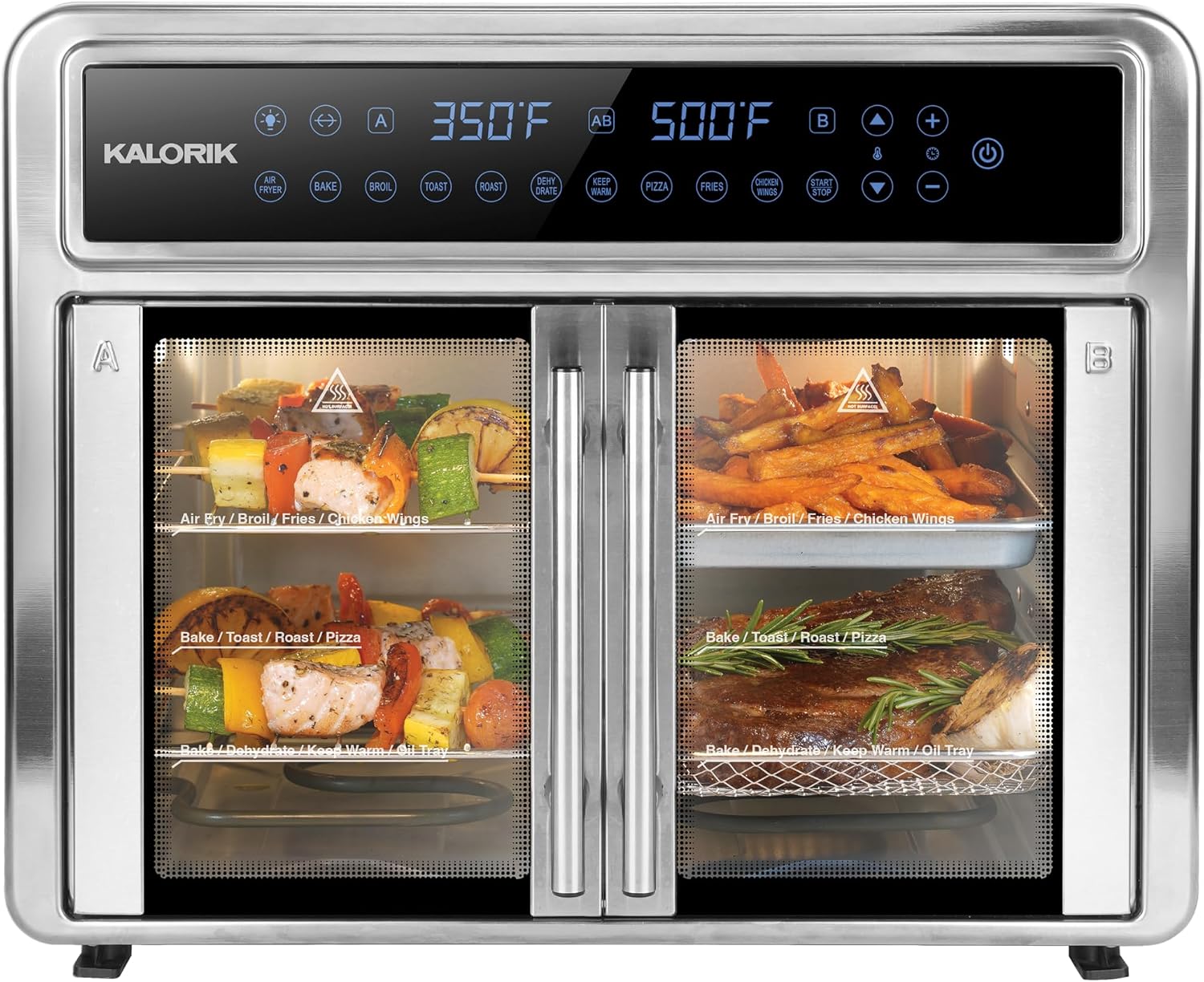 Kalorik Air Fryer Oven MAXX Series 26-Quart Flex Trio with Digital Controls Easy-View Door and 14 Cooking Presets, Converts into Dual 13 Quart Air Fryers, 1700-Watts, Stainless Steel