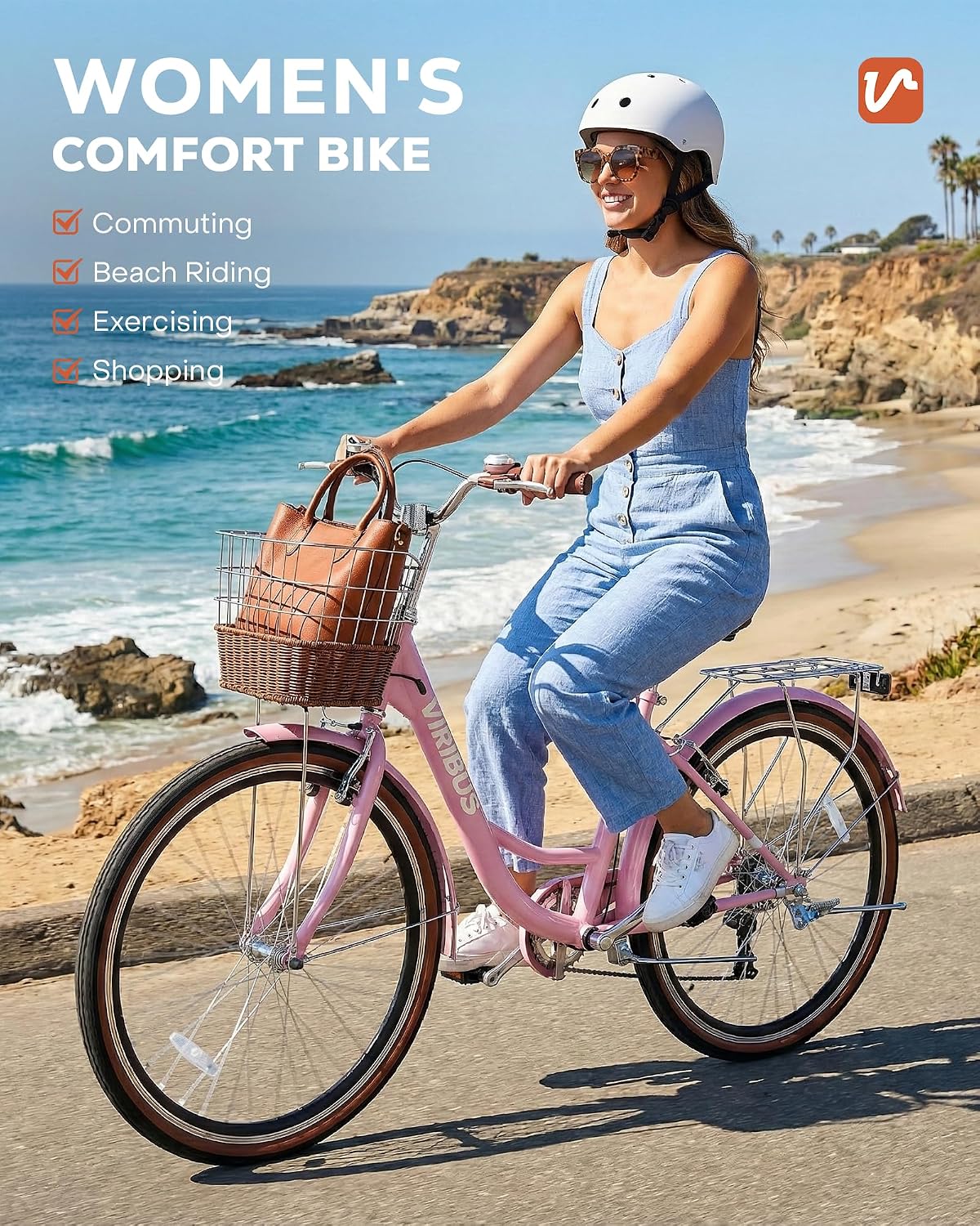 VIRIBUS Womens Cruiser Bike, 7 Speed Beach Cruiser Bike for Women, 26 inch Women Bicycle with Rattan Basket, City Commuter Vintage Retro Step Through Bicycle for Female Ladies Seniors, 330 Lb.