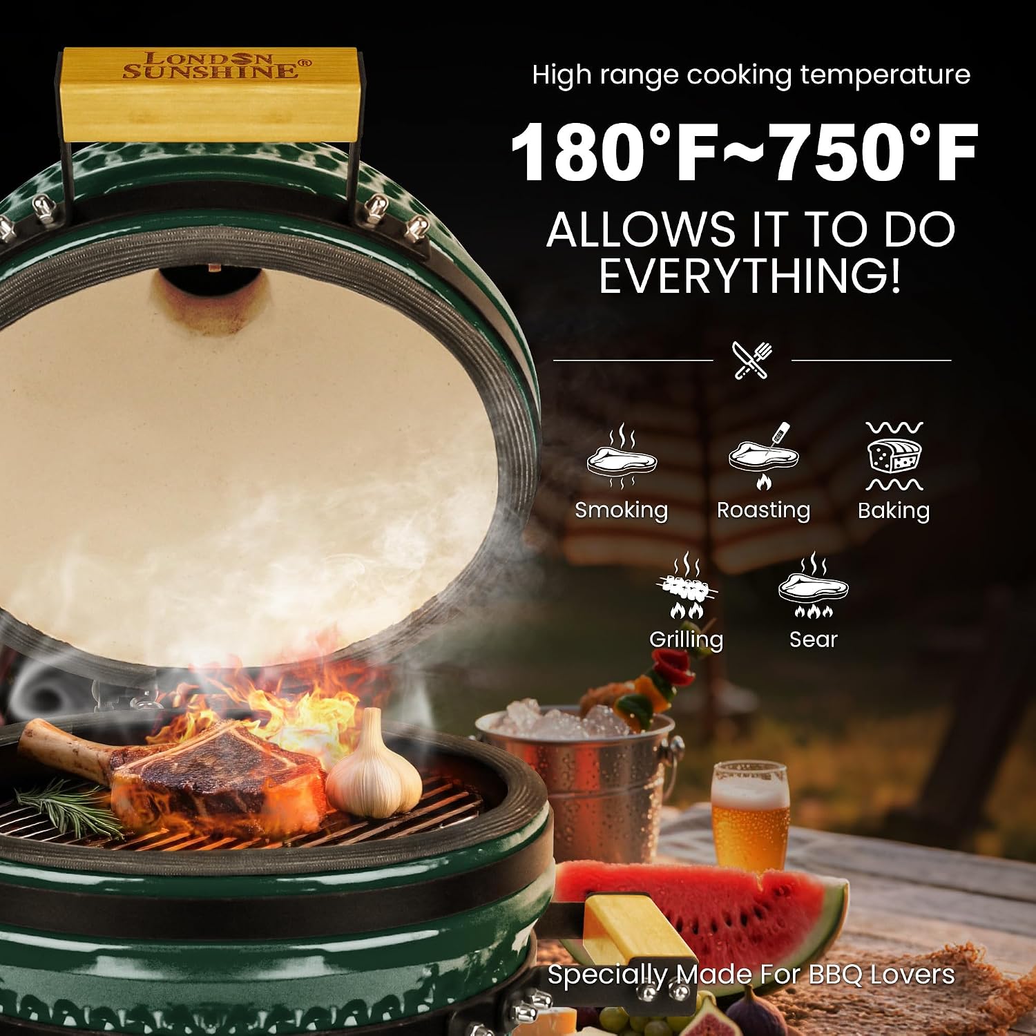 Upgraded 13 inch Ceramic Kamado Grill with Waterproof Air Vent Cap | Portable Tabletop Charcoal BBQ Grill Smoker for Outdoor Cooking, Patio, Camping | Green