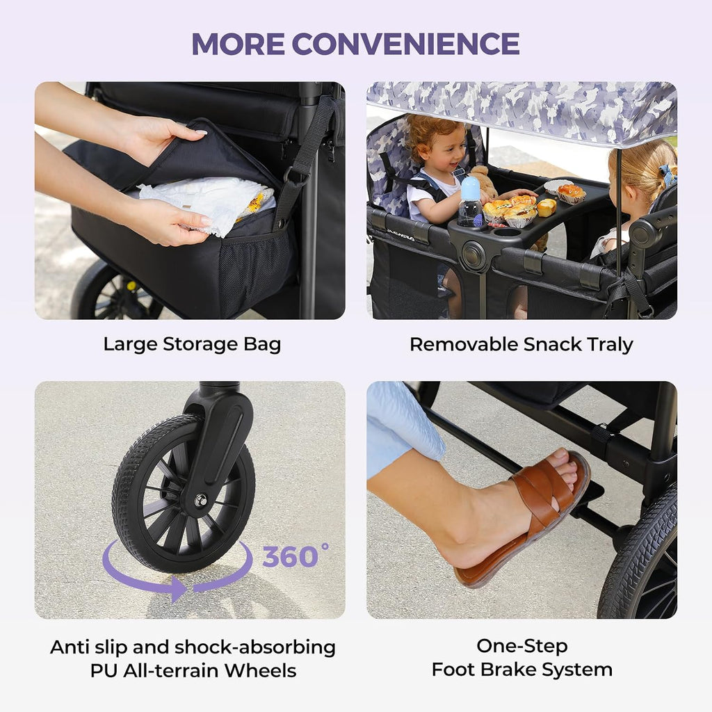 ELEMARA Wagon Stroller 4 Seater, Premium Stroller Wagon for 4 Kids, Foldable All-Terrain Wagon for Kids with Canopy, Adjustable Push/Pull Handles,Convertible High Seat&Organizer, Black+Purple