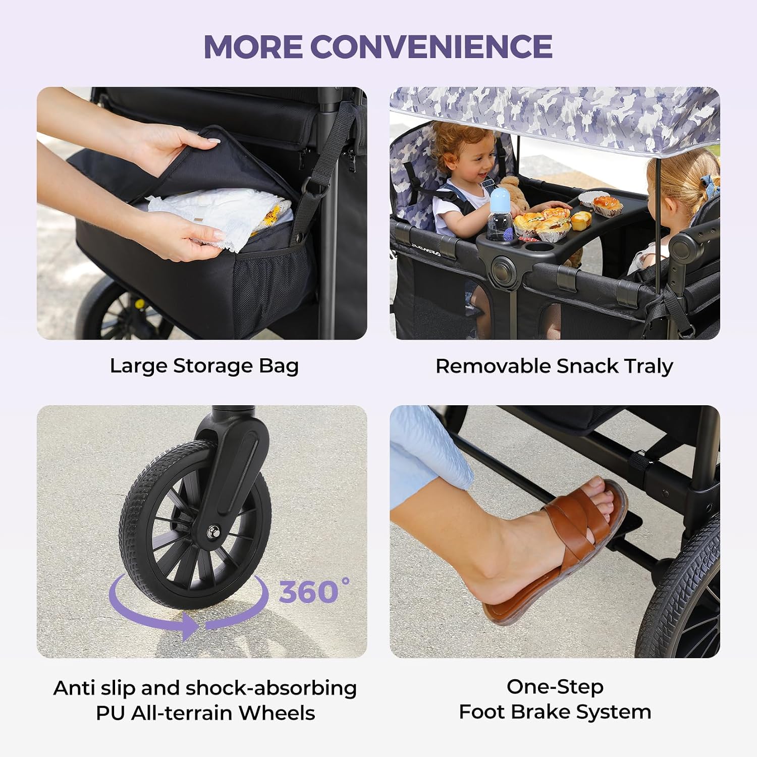 ELEMARA Wagon Stroller 4 Seater, Premium Stroller Wagon for 4 Kids, Foldable All-Terrain Wagon for Kids with Canopy, Adjustable Push/Pull Handles,Convertible High Seat&Organizer, Black+Purple