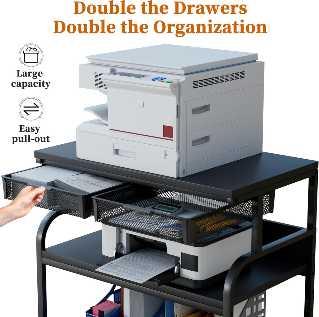 EasyCom 32.3'x18.9' Extra Large Printer Stand with Double Drawers, 5-Adjustable Heights 3 Tier Table with Wheels, Rolling Printer Cart with Storage for Printer Scanner Fax Home Office Use