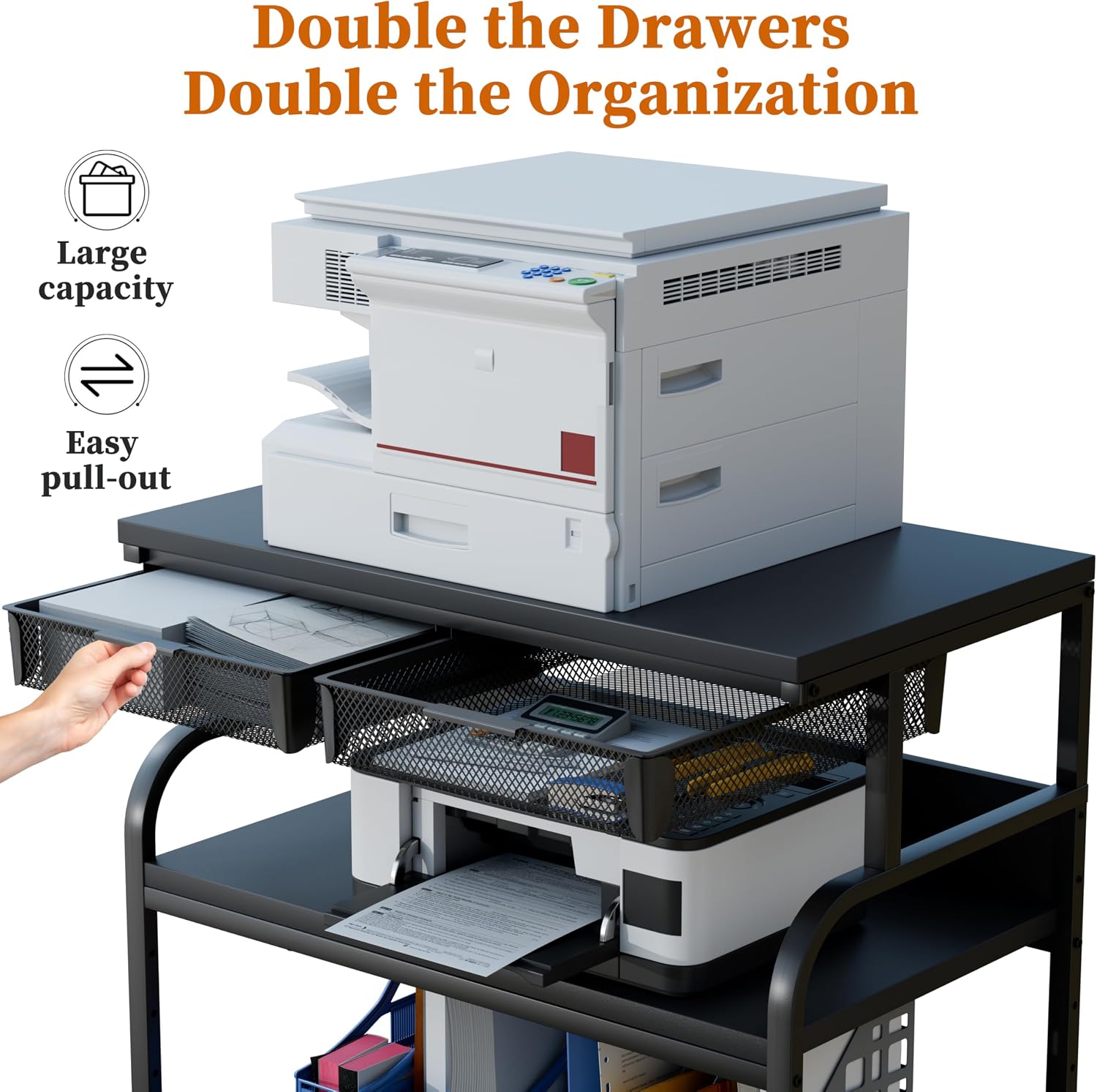 EasyCom 32.3'x18.9' Extra Large Printer Stand with Double Drawers, 5-Adjustable Heights 3 Tier Table with Wheels, Rolling Printer Cart with Storage for Printer Scanner Fax Home Office Use