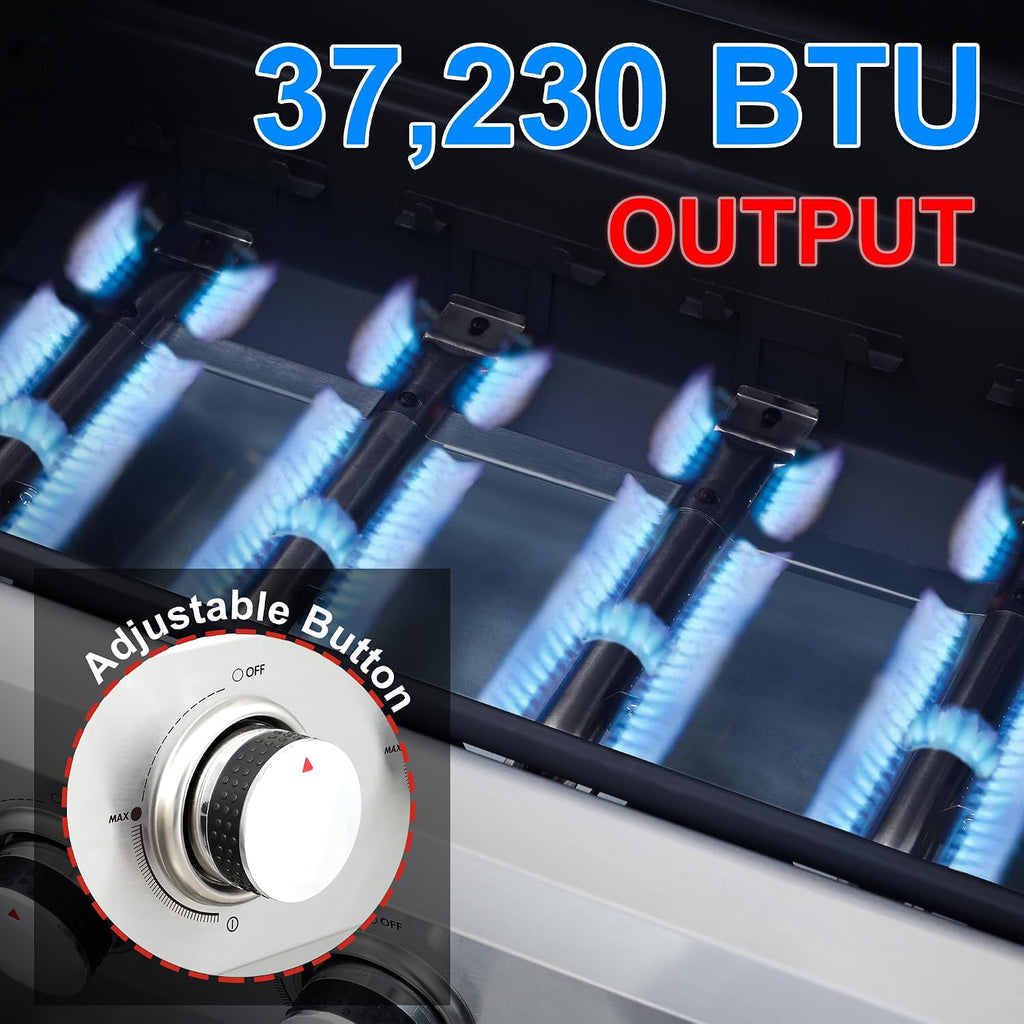 4-Burner Propane Gas Grill, Stainless Steel Control Panel, Easy Ignition, Temperature Gauge, 2-Enameled Cooking Grids, Portable With Wheels For 34,200 BTU Outdoor Barbecue BBQ Grill