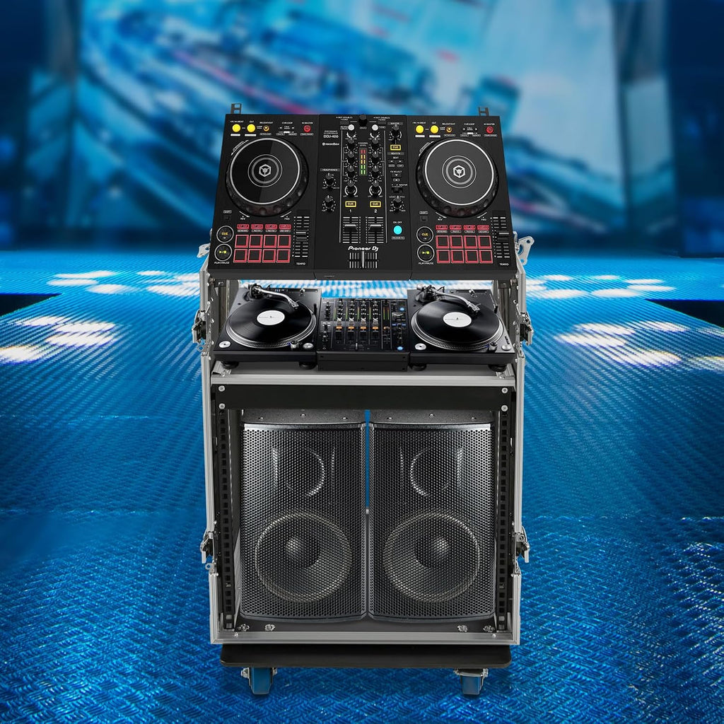 DYNAMI 10U PA DJ Rack with Wheels,2 Tier Pro DJ Mixer Stand Audio Rack Heavy Duty Road ATA Case, for Music Studio Booth Pro Audio Recording Cabinet Stage Equipment (10U PA DJ Rack)