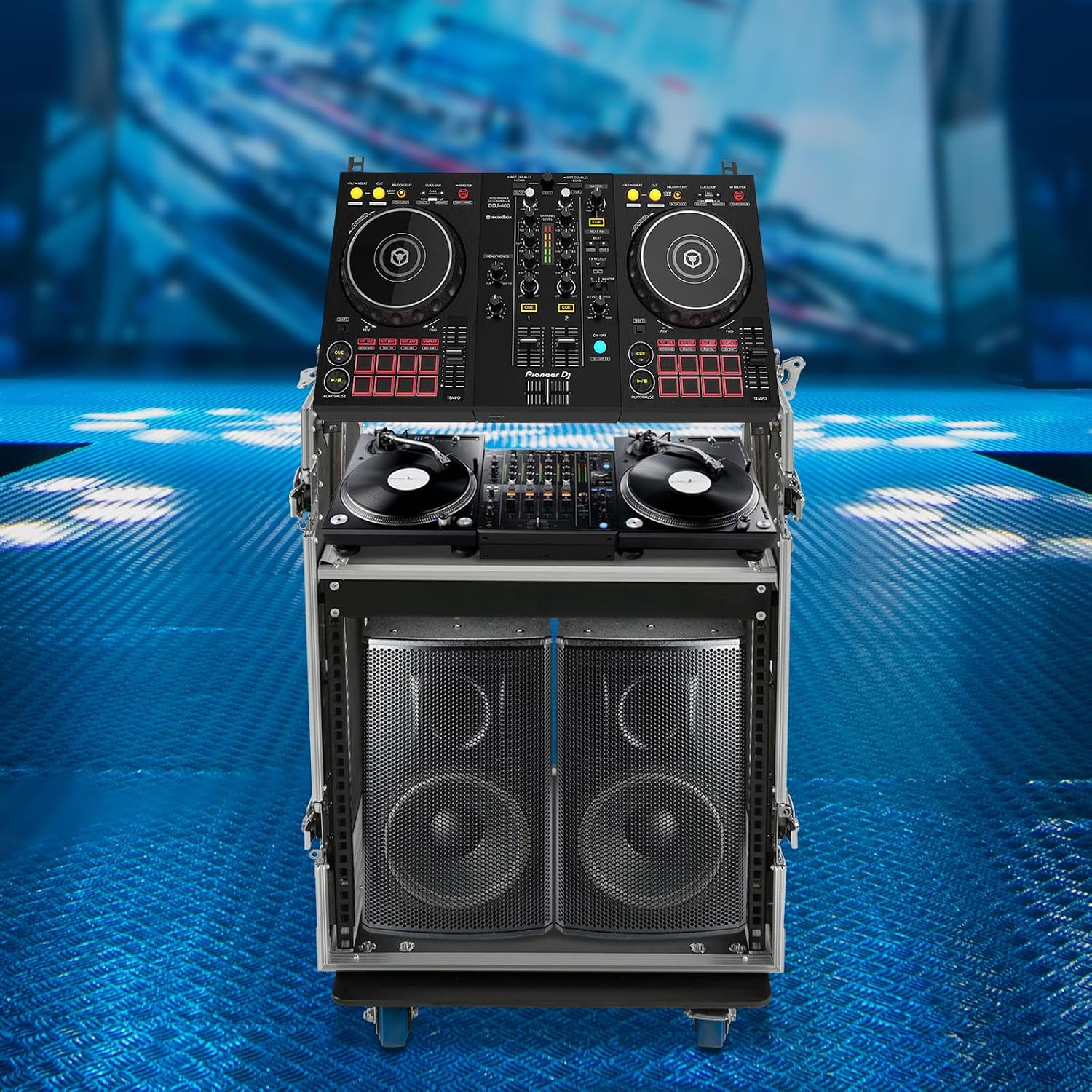 DYNAMI 10U PA DJ Rack with Wheels,2 Tier Pro DJ Mixer Stand Audio Rack Heavy Duty Road ATA Case, for Music Studio Booth Pro Audio Recording Cabinet Stage Equipment (10U PA DJ Rack)