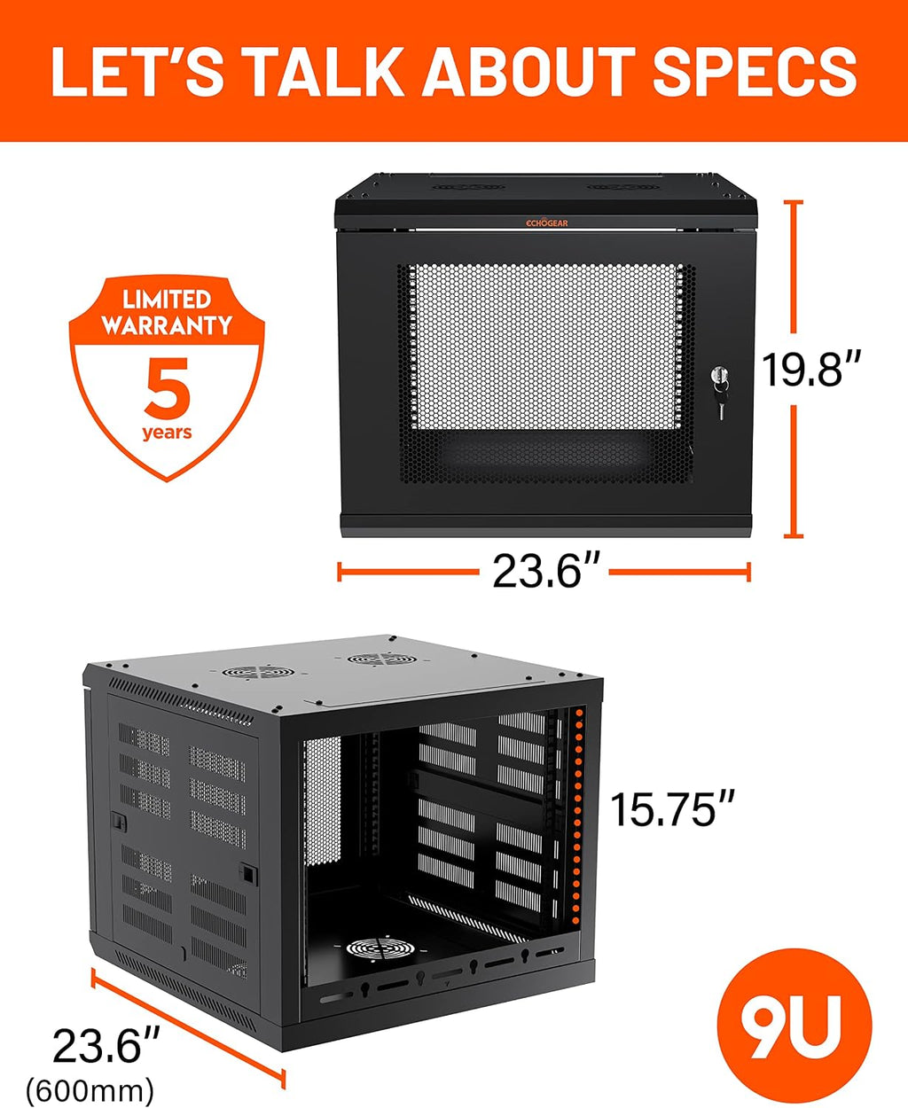 ECHOGEAR 9U Network Rack - Enclosed Wall Mount Rack Kit Includes 2X 1U Shelves, Pre-Mounted Fan, Lockable Door & Hardware - 600mm Depth Fits All Your AV Gear