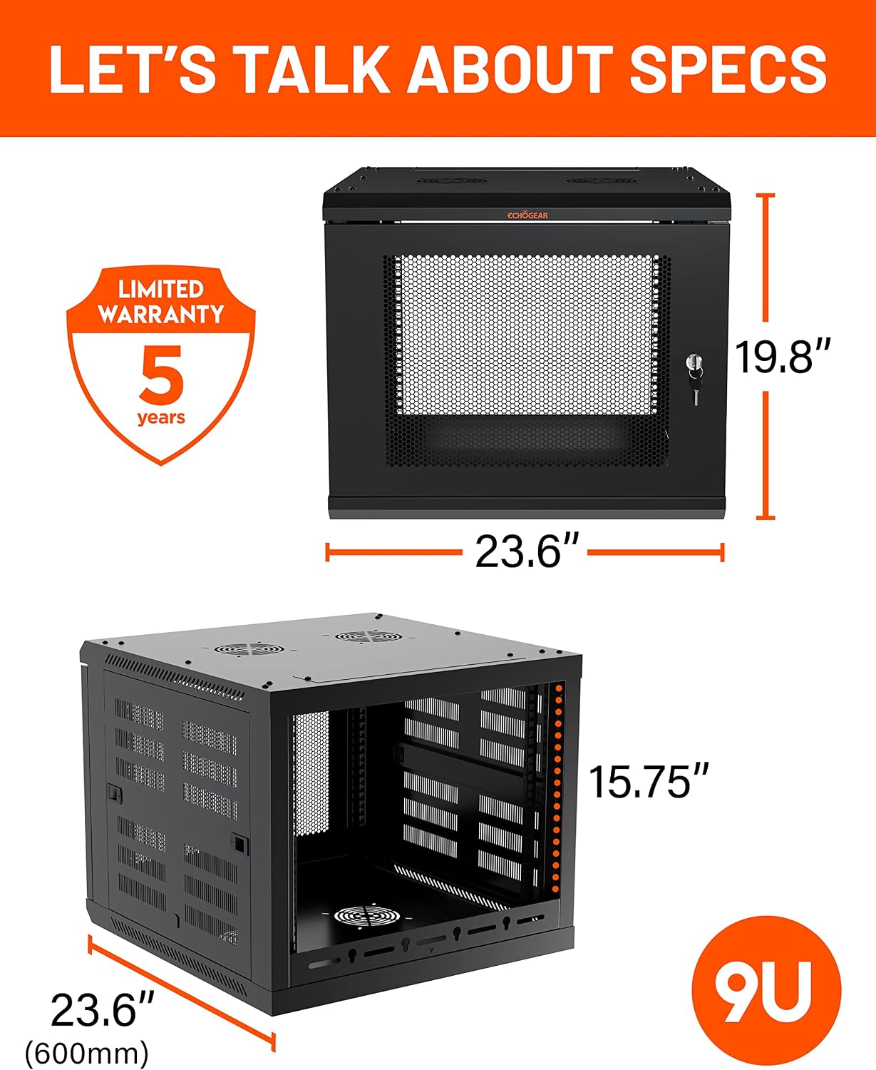 ECHOGEAR 9U Network Rack - Enclosed Wall Mount Rack Kit Includes 2X 1U Shelves, Pre-Mounted Fan, Lockable Door & Hardware - 600mm Depth Fits All Your AV Gear