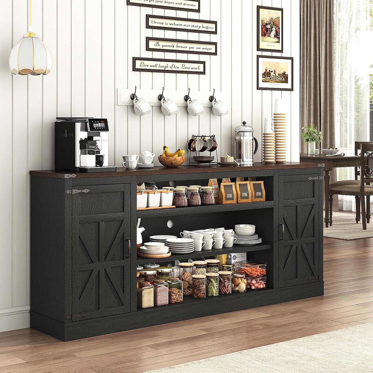 Hlivelood 75' Farmhouse TV Stand with Power Outlets for 85 Inch TVs, 33' Tall Entertainment Center with Storage Cabinets w/Adjustable Shelves, Rustic Large TV Media Console, Black