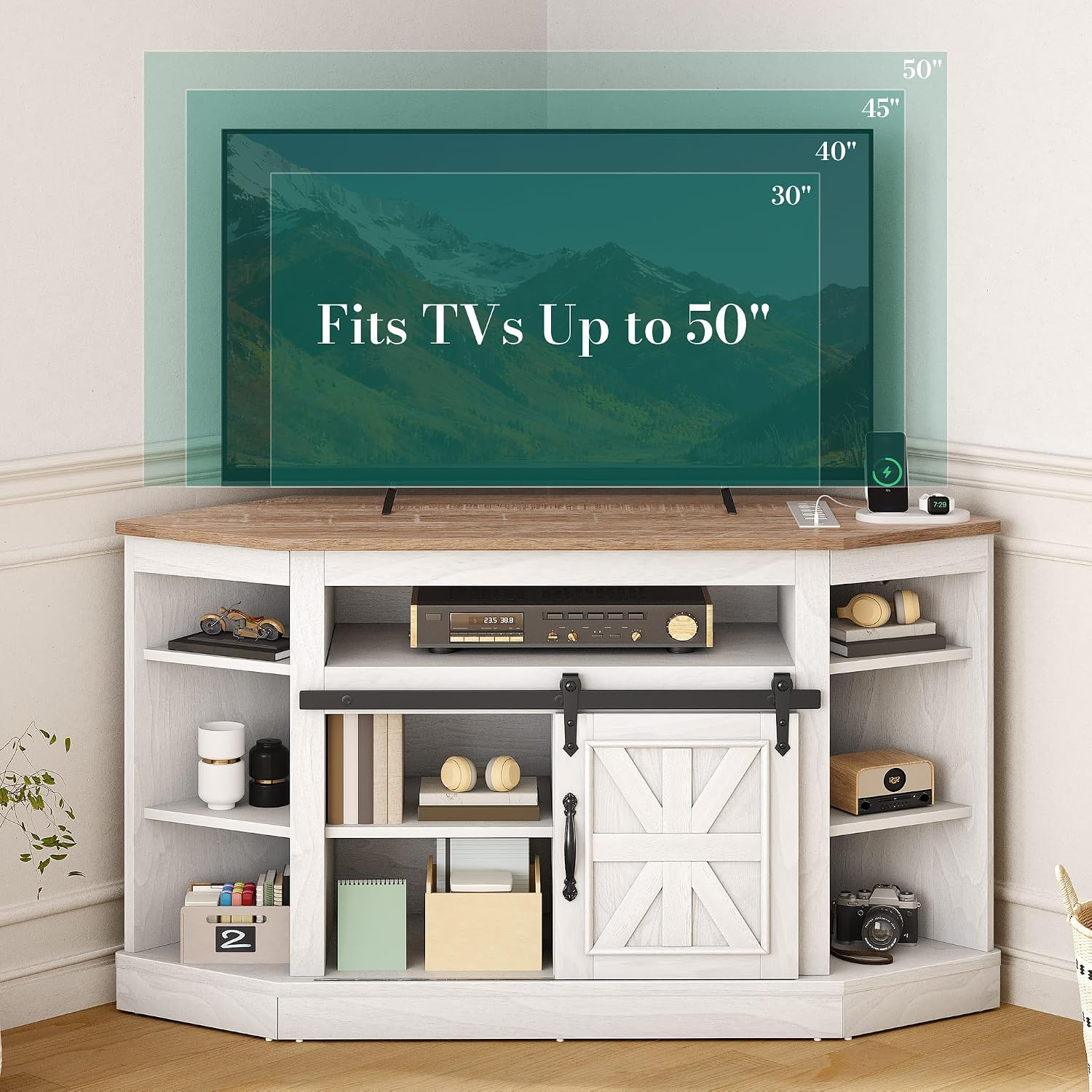 YITAHOME Corner TV Stand for 50 Inch TV, Farmhouse Entertainment Center with Storage & Power Outlet, TV Console Cabinet and Sliding Barn Door for Living Room, Grey Wash & Grey White