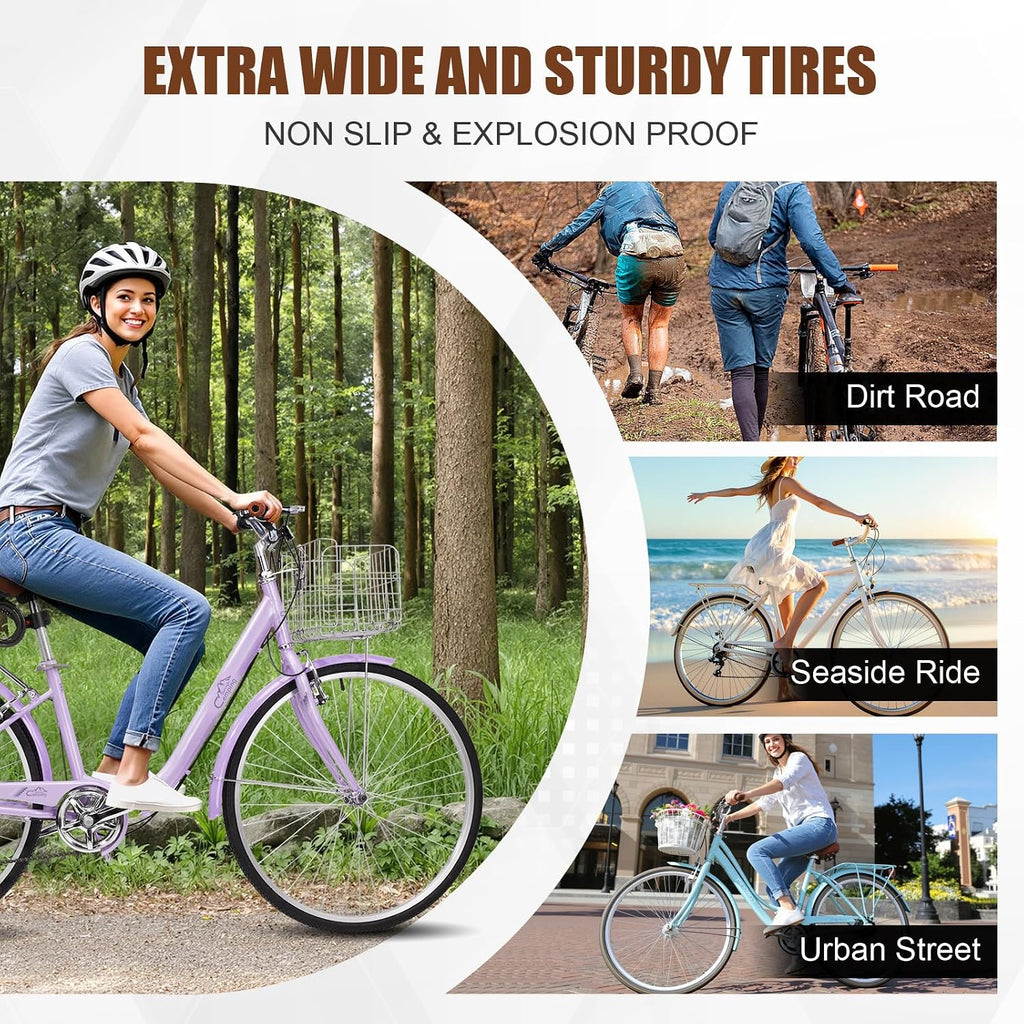 CamPingSurvivals Foldable Cruiser Bike 7-Speed Cruiser Bike 26Inch Women Bicycle with Ergonomic Upright Frame, Effortless 7-Speed Shifting and Lightweight Design for Adult Men and Women