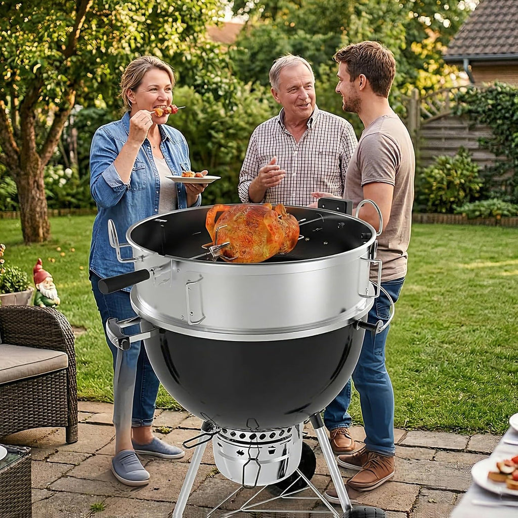 onlyfire Stainless Steel Multi-purpose Rotisserie and Pizza Combo Kit for Weber 22-Inch Kettle Charcoal Grills - Include Pizza Peel and Pizza Stone