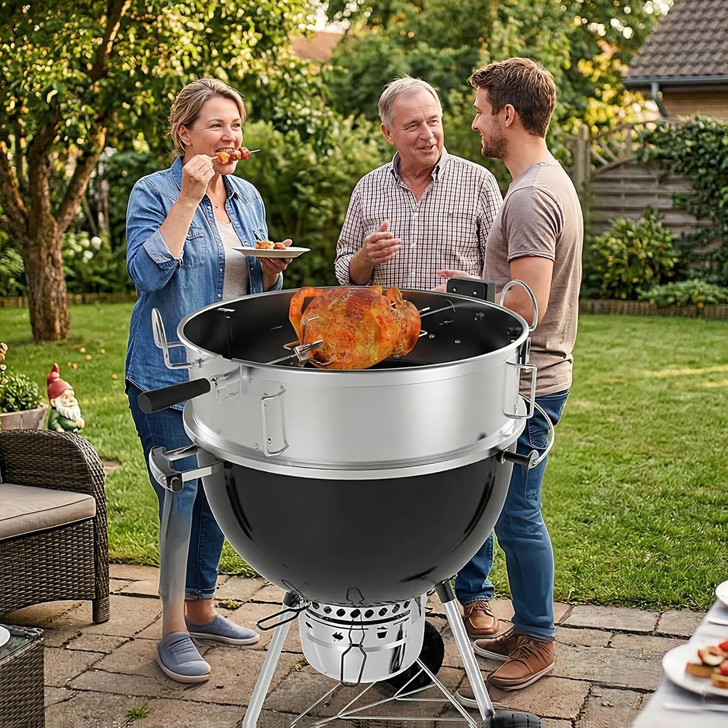 onlyfire Stainless Steel Multi-purpose Rotisserie and Pizza Combo Kit for Weber 22-Inch Kettle Charcoal Grills - Include Pizza Peel and Pizza Stone