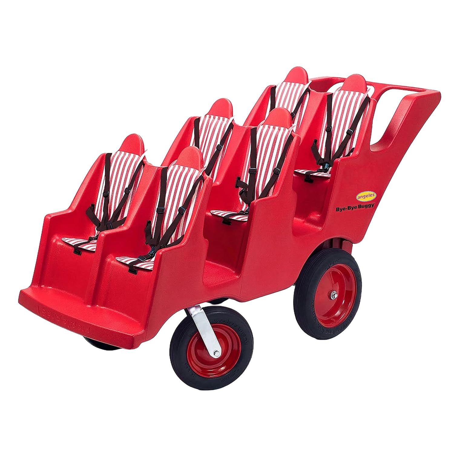 Angeles Bye Bye Buggy 6 Passenger Stroller, Sturdy Daycare Stroller with Fat Tires, Easy-to-Fasten Safety Buckles, Parking Brake, & 360 Pivoting Wheels, Red with Stripe Cushions