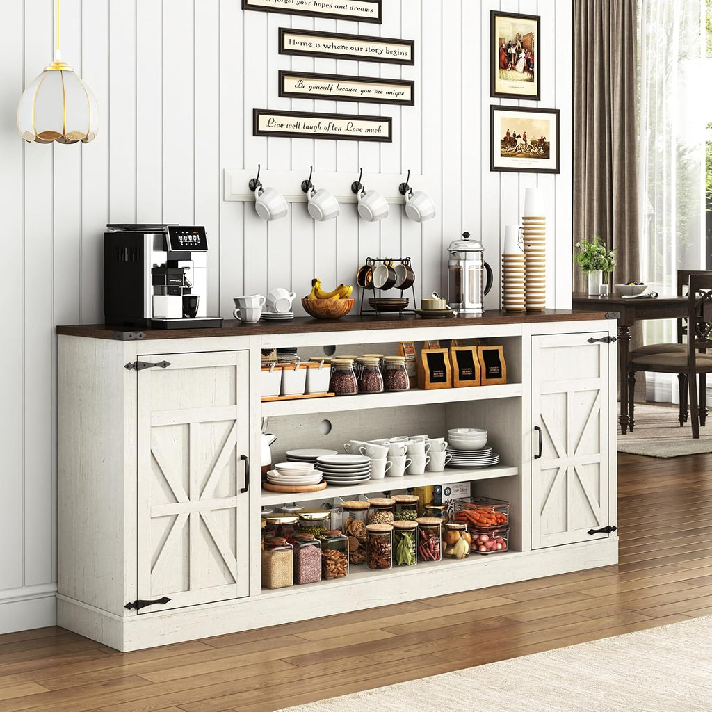 Hlivelood 75' Farmhouse TV Stand with Power Outlets for 85 Inch TVs, 33' Tall Entertainment Center with Storage Cabinets w/Adjustable Shelves, Rustic Large TV Media Console, Rustic White