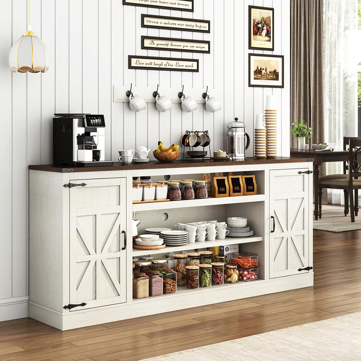 Hlivelood 75' Farmhouse TV Stand with Power Outlets for 85 Inch TVs, 33' Tall Entertainment Center with Storage Cabinets w/Adjustable Shelves, Rustic Large TV Media Console, Rustic White