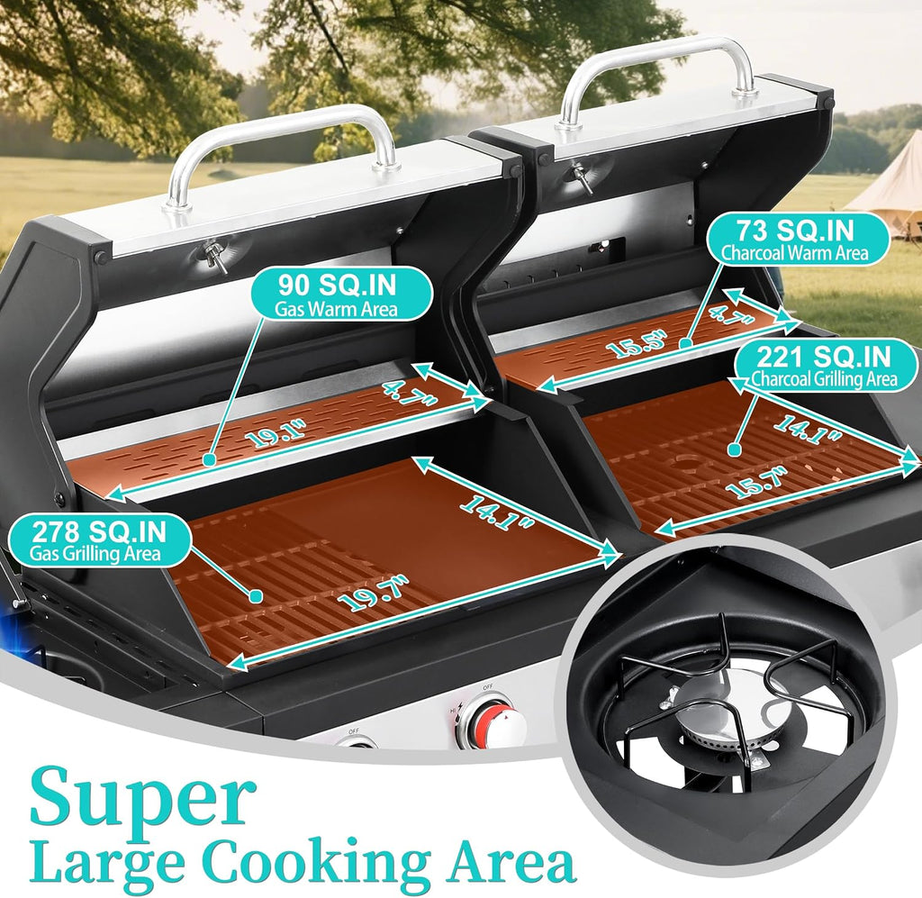 3 Burner Gas & Charcoal Combo Grill with Side Burner, 39,000 BTU Propane BBQ Grill, Cast Iron Grates & Griddle, Warming Rack, Grease Tray, Storage Cabinet, 4 Wheels for Outdoor Patio