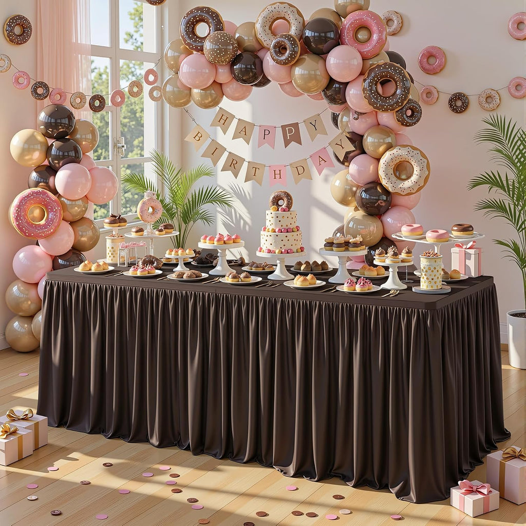 PARTISKY 6 Pack Chocolate Tablecloths for Rectangle Tables 8ft, Wrinkle Resistant Spandex Table Cover Fitted Stretch Table Cloth with Pleated Ruffle Skirts for Party Banquet Dining Birthday Wedding