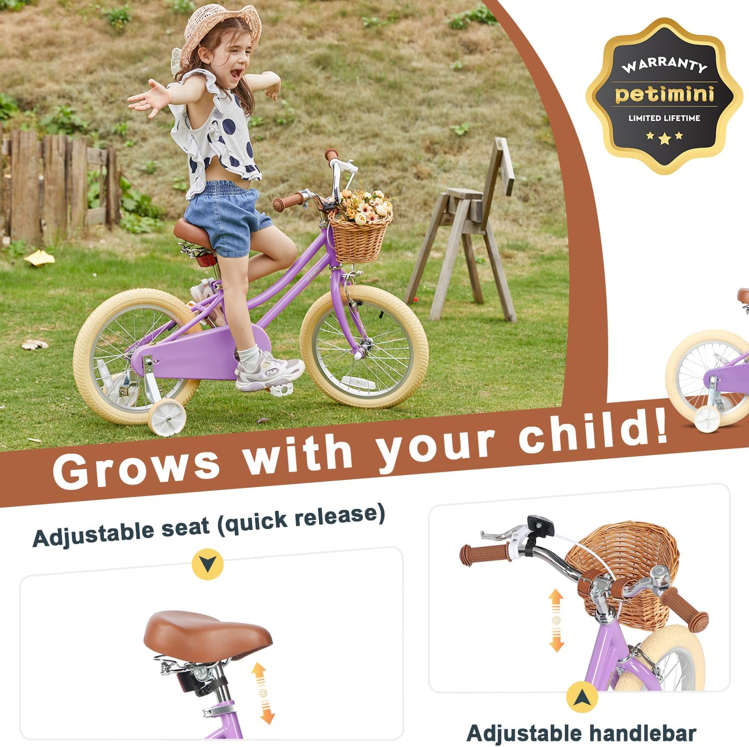 Petimini Vintage Kids Bike for Girls, 12–20 Inch Classic Bicycle with Wicker Basket & Bell, High Tensile Steel Frame, Training Wheels (12–18'), 85% Pre-Assembled, Retro Bike for Outdoor Riding