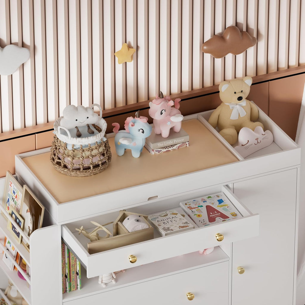 FURNJOYLIFE Nursery Dresser with Baby Changing Table, Modern Diaper Changing Station,Dresser for Nursery with 3 Drawers & Shelves, Storage Crib with Changing Table, White