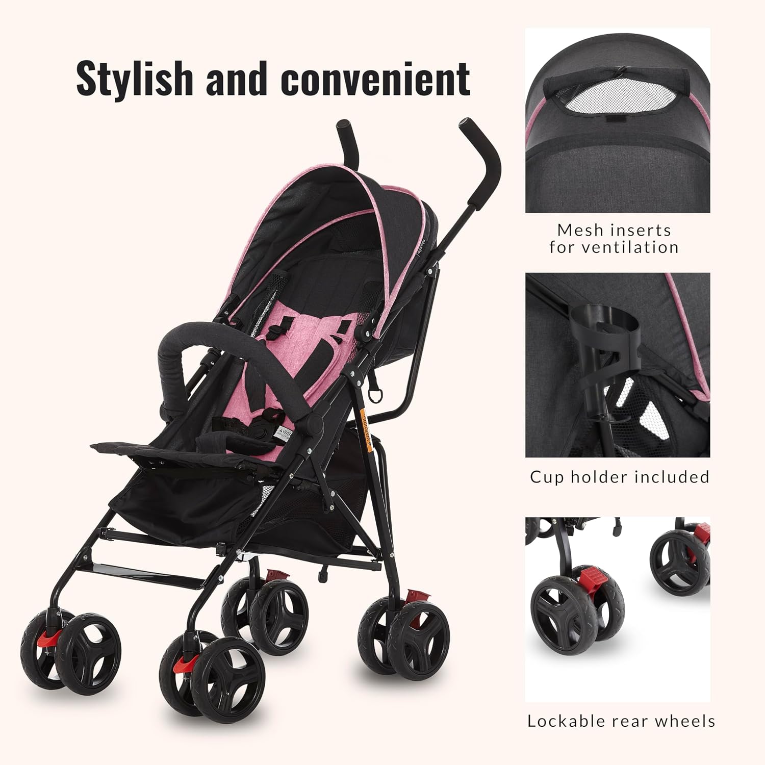 Dream On Me Vista Moonwalk Baby Stroller, Lightweight Travel Umbrella Stroller with Compact Fold, Smooth Ride Wheels, Multi-Position Recline, Spacious Storage Basket with Cup Holder, Pink