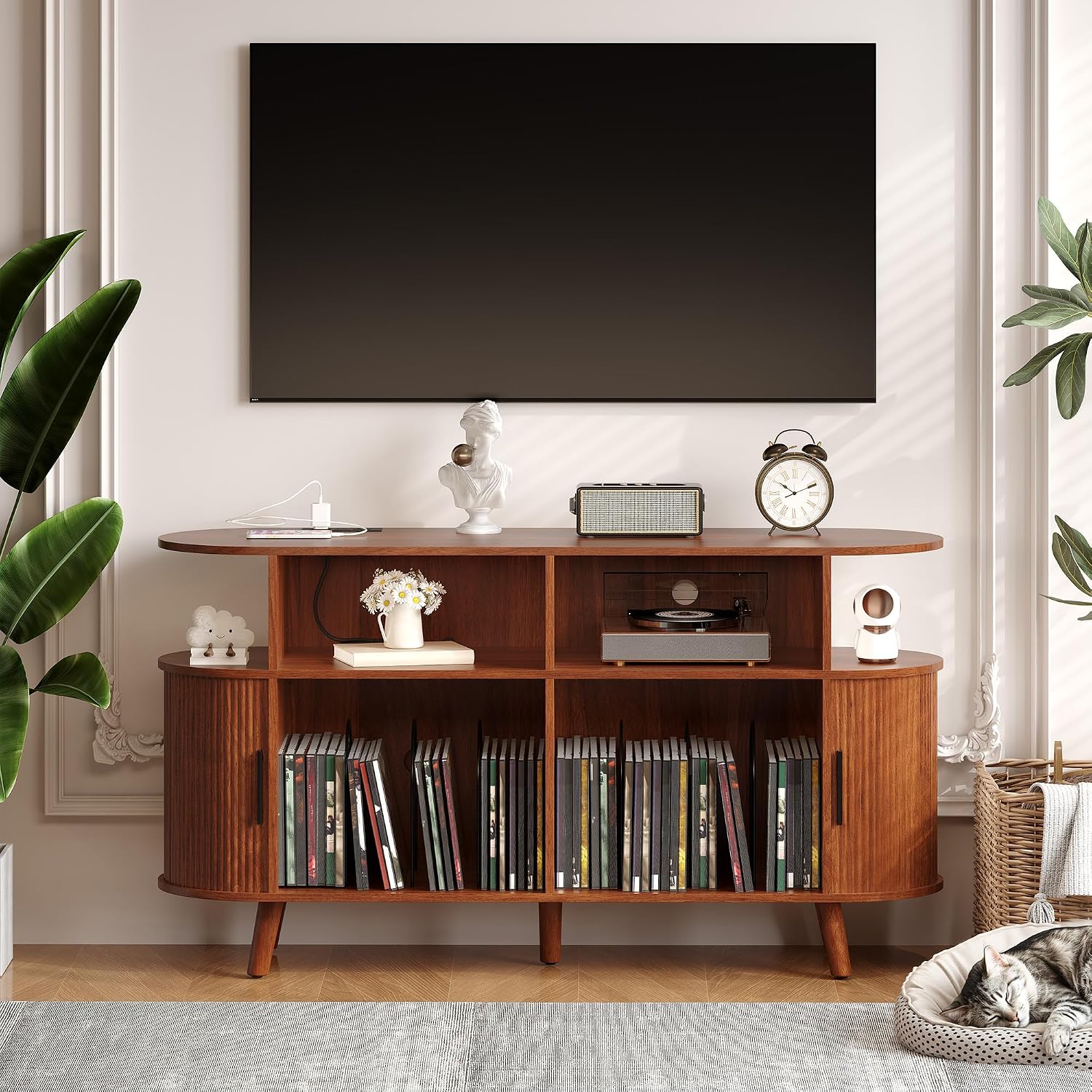 GarveeHome 55 in Large Round Record Player Stand with Charging Station and USB Ports, Mid-Century Rustic Vinyl Record Player Turntable Stand Storage Cabinet with Open Shelves Holder