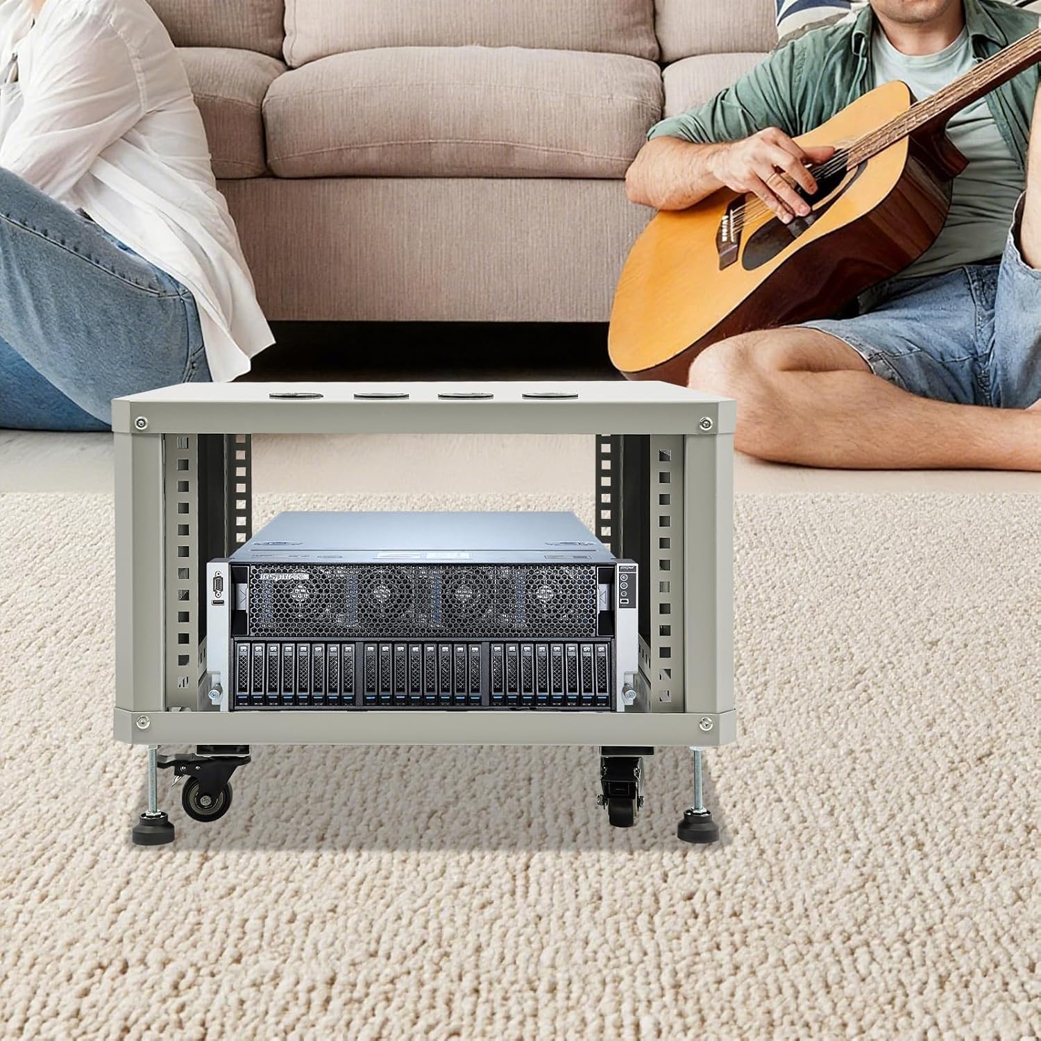 6U AV Rack with Wheels, Metal Studio Cabinet with Cable Ports, 22.4' x 19.8' x 15.1', Portable Home Studio Racks, Floor Standing Server Cabinet for Amplifiers, AV Equipment, Computers