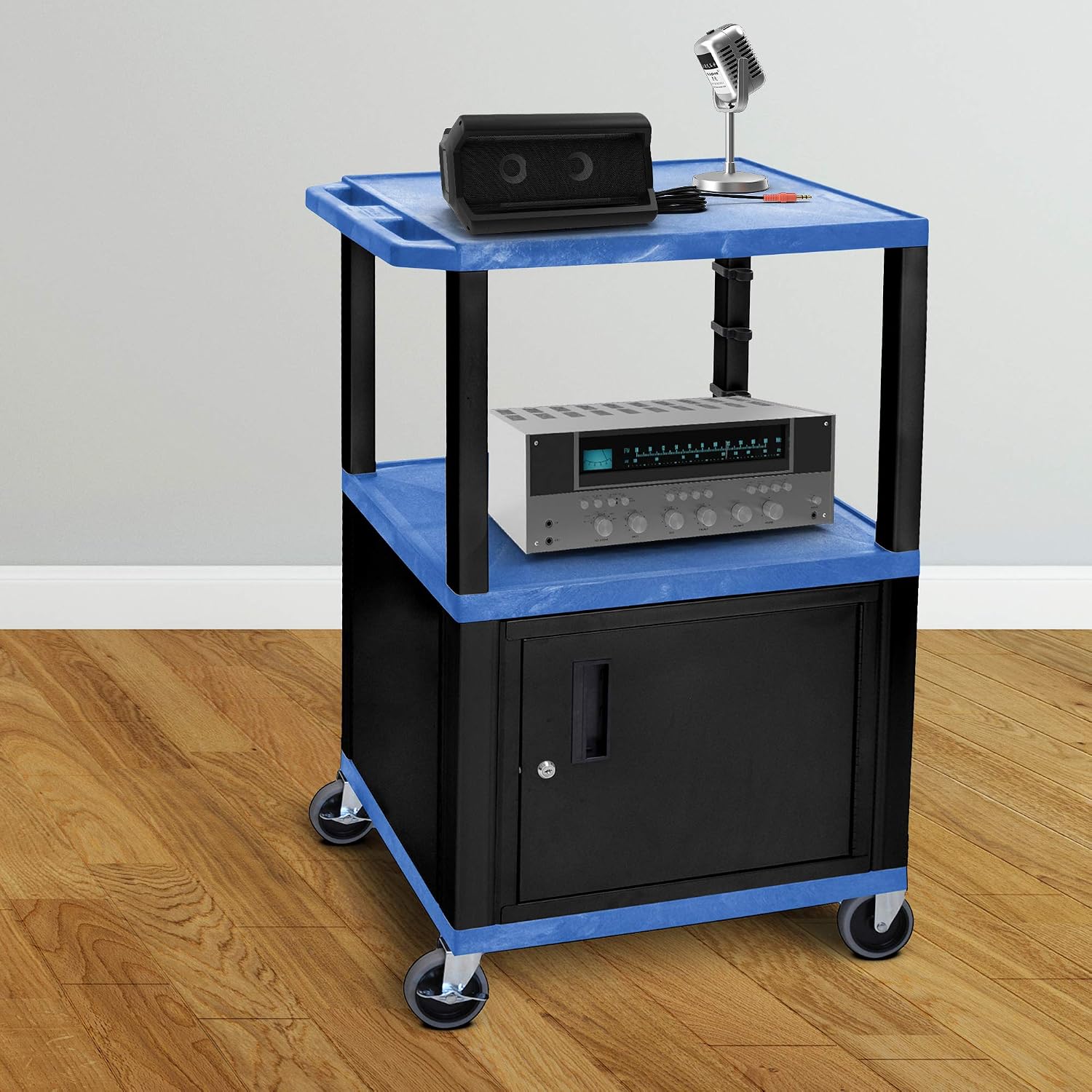 Luxor 42'H Rolling Electric Audio Video Presentation Cart with 3 Shelves and Cabinet - Black Legs