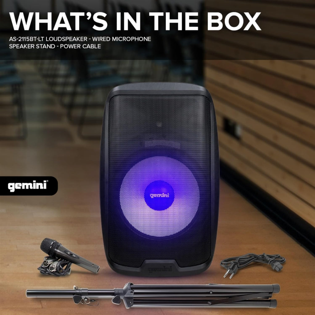 Gemini 120W Bluetooth PA Speaker w/Stand – 15' DJ Loudspeaker System with LED Lights, USB/SD/FM, Wireless Stereo Pairing, Mic, EQ, Remote & Pro Audio Inputs – Portable Party Sound (AS-2115BT-LT-PK)