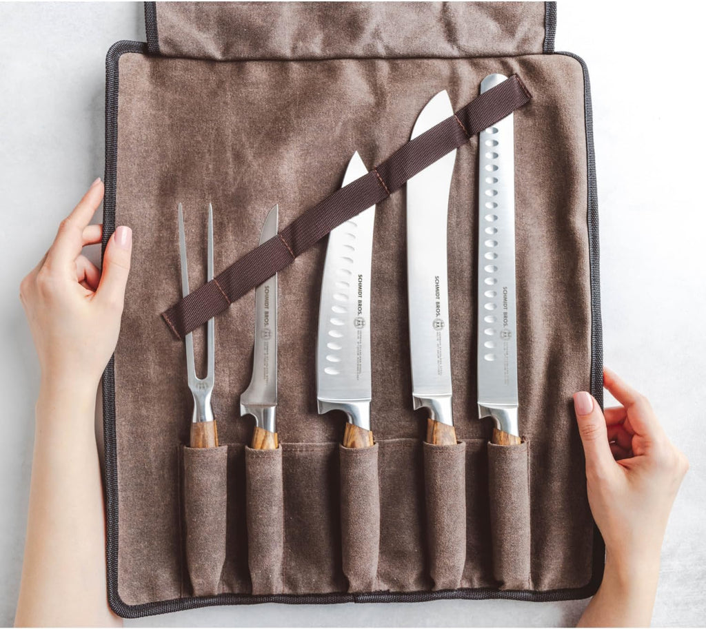 Zebra Wood 6-Piece BBQ Knife Set - Fully Forged Stainless Steel Grilling Utensils Including Brisket, Butcher, Chef's, Boning Knives, Carving Fork, Knife Carrying Roll