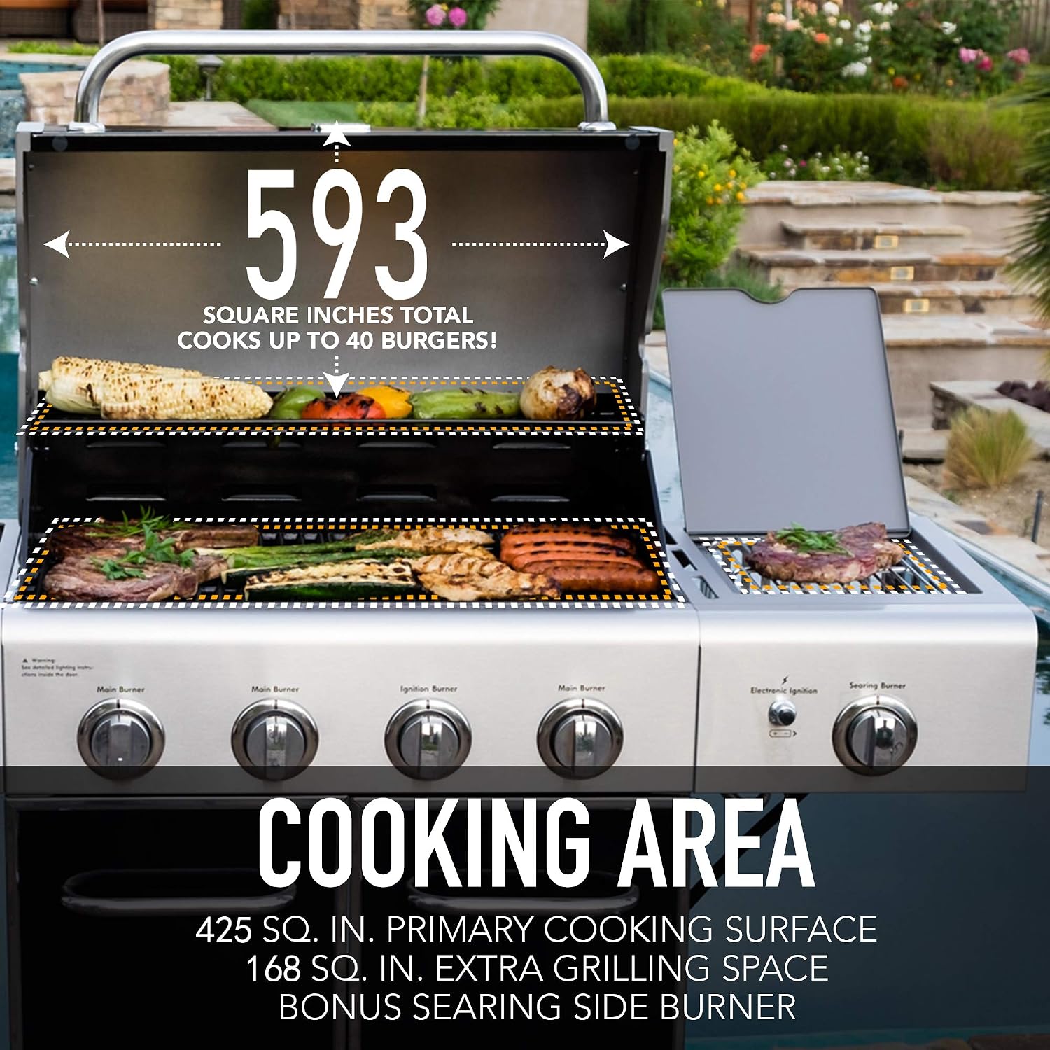 Kenmore 4-Burner BBQ Gas Grill with Searing Side Burner, Propane Grill, 52,000 BTUs, Warming Rack, Electronic Ignition & Cast Iron Cooking Grates, Black/Stainless Steel