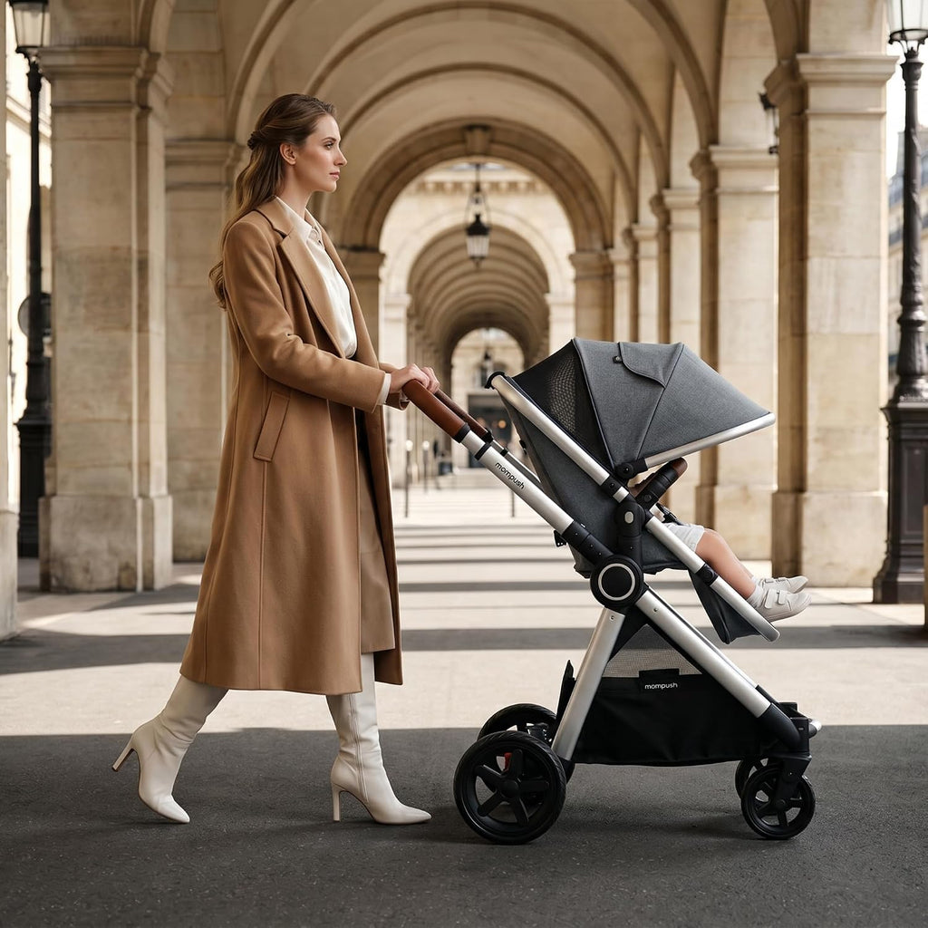 Mompush Ultimate2 Baby Stroller, Premium Convertible Full-Size Stroller for Toddler, Reversible Seat with One Hand Recline Adjustment, Car Seat Adapter Included