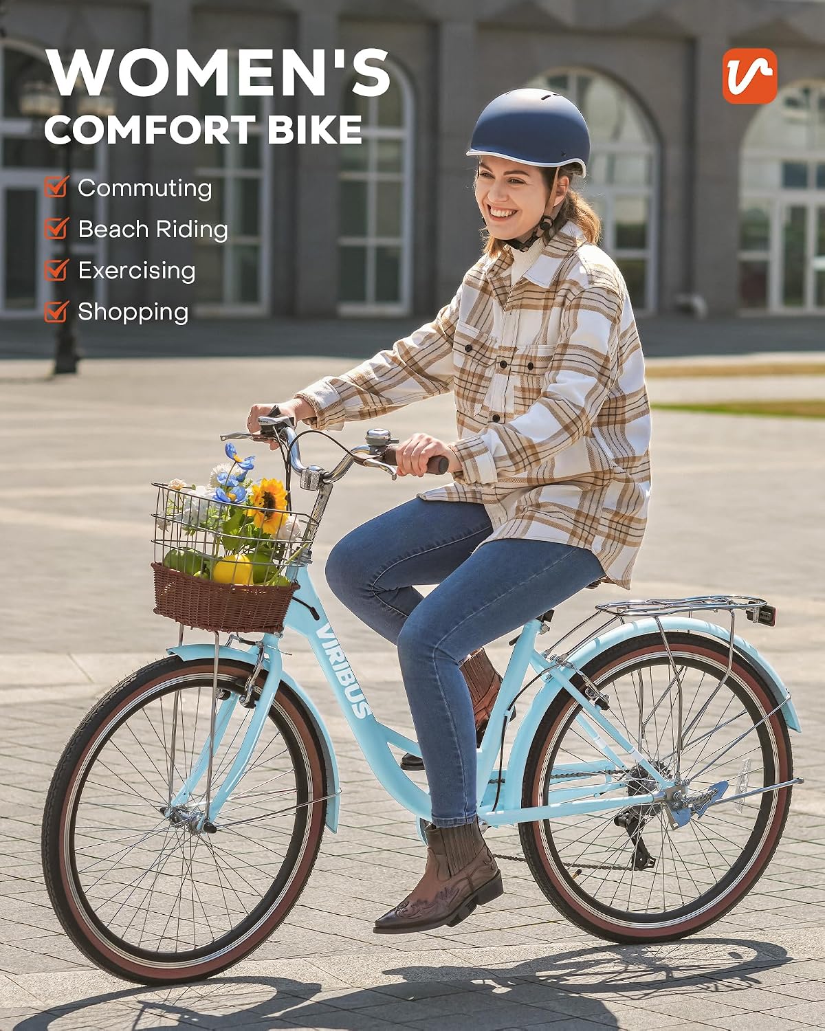VIRIBUS Womens Cruiser Bike, 7 Speed Beach Cruiser Bike for Women, 26 inch Women Bicycle with Rattan Basket, City Commuter Vintage Retro Step Through Bicycle for Female Ladies Seniors, 330 Lb.
