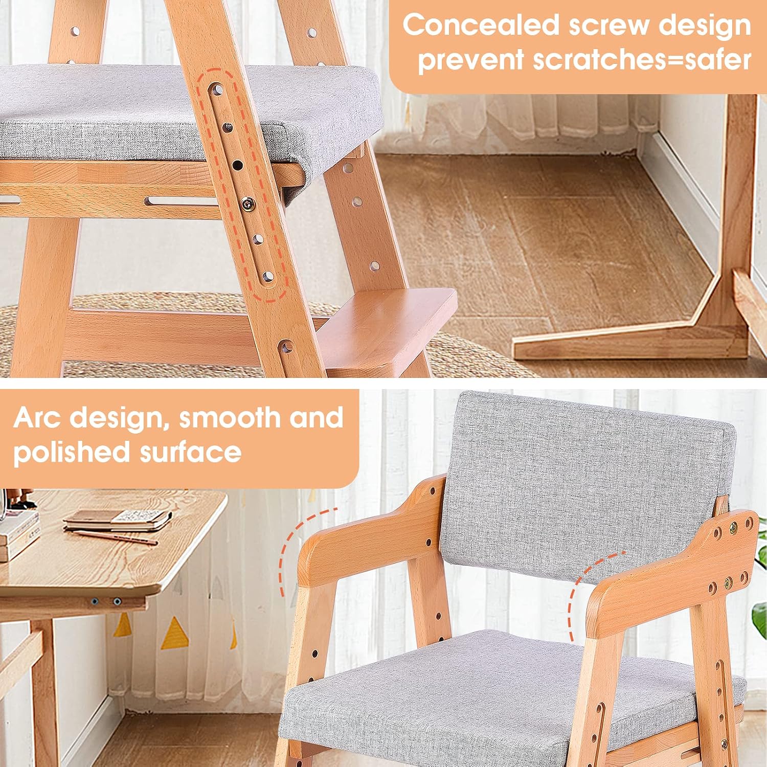 Ezebaby Wooden High Chair for Toddlers to Teens Adjustable Kids Learning Chair with Steps, Child Seats with Removable Cushion (Natural Color)