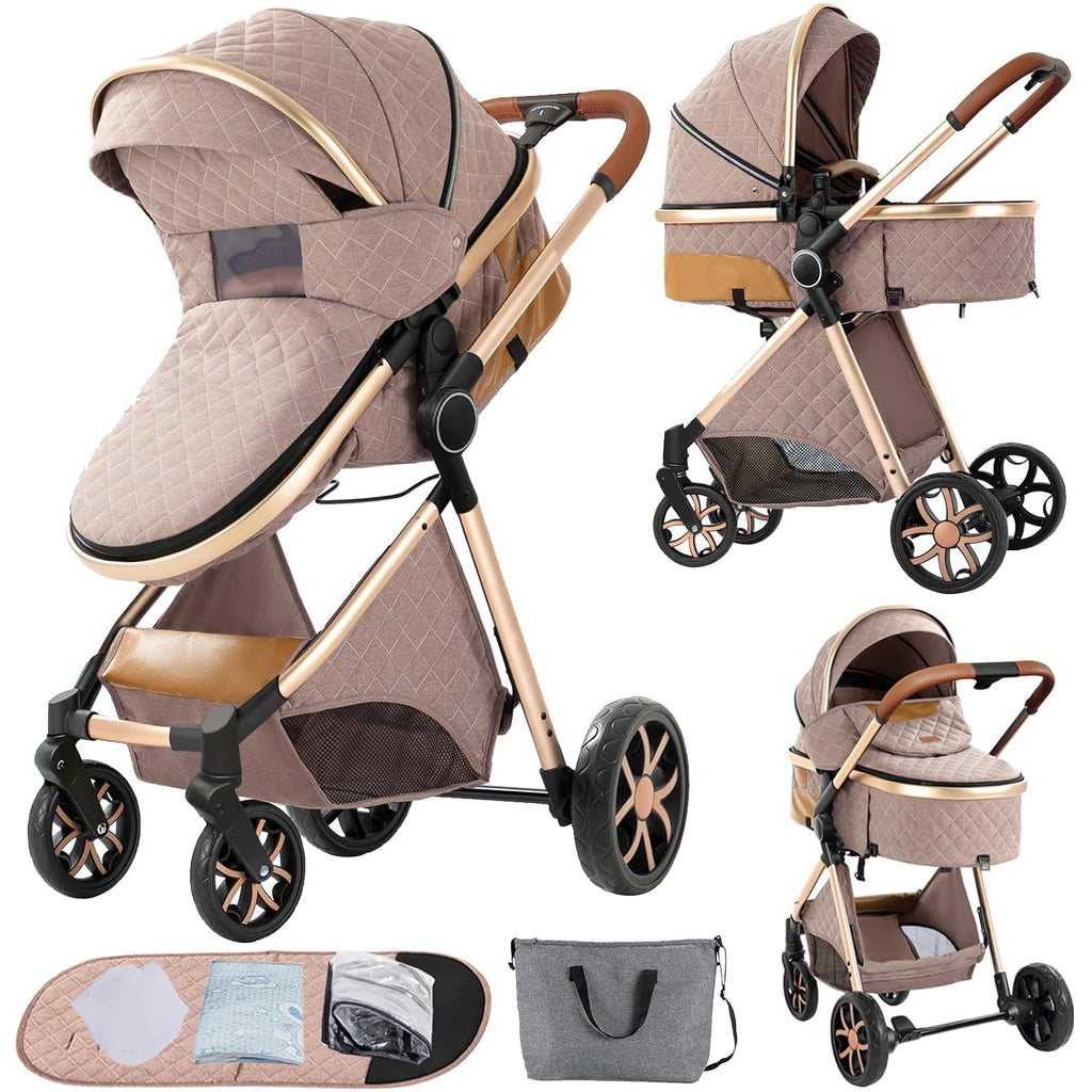 Nine point nine 2 in 1 Baby Stroller, Reversible Convertible Infant Stroller of One-Click Folding, Newborn Travel Strollers Toddler Standard Pram Carriage (225 Khaki)