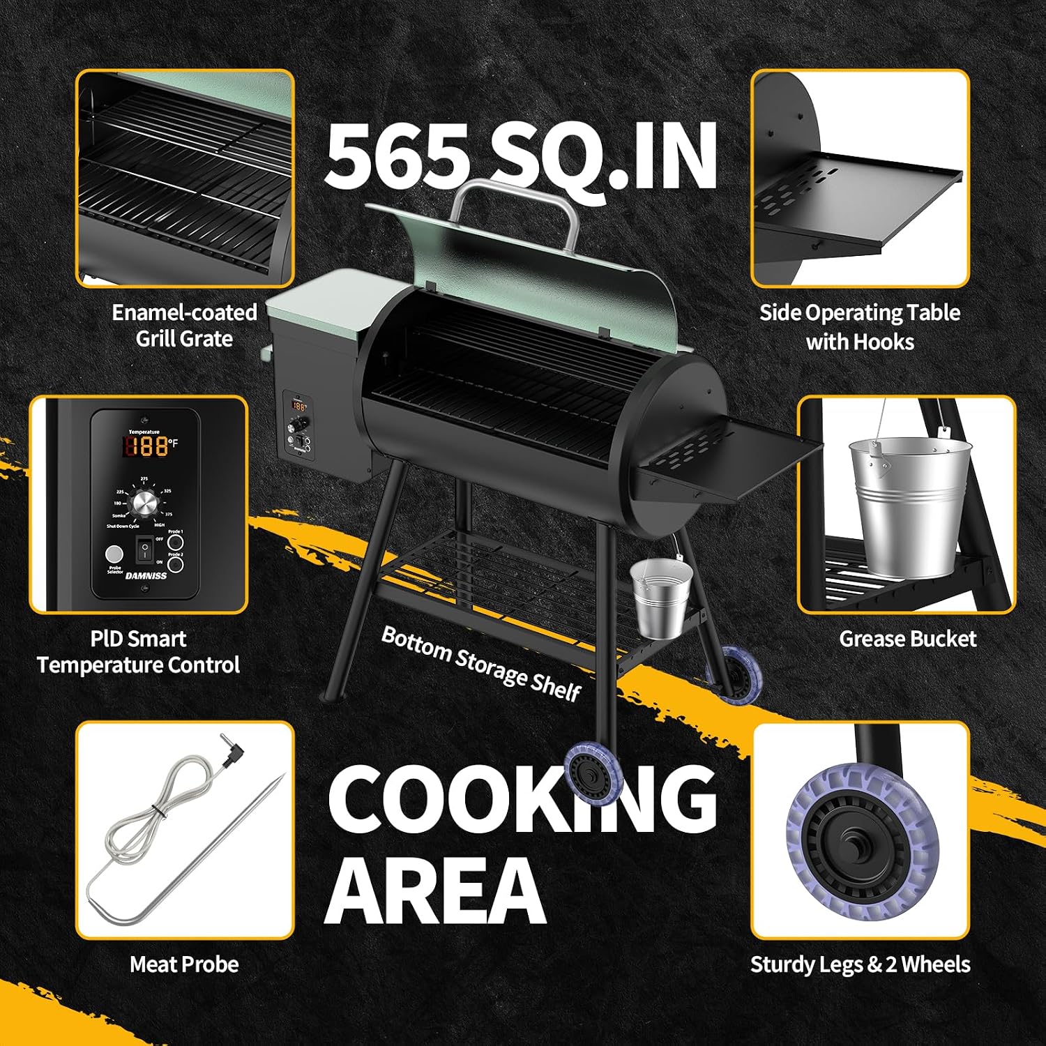 DAMNISS Pellet Smoker Grill Combo, 565 SQ.IN Cooking Area with PID Temperature Control (180-450°F) Electric BBQ Meat Grills & Smokers, Patio Backyard for Roast Outdoor