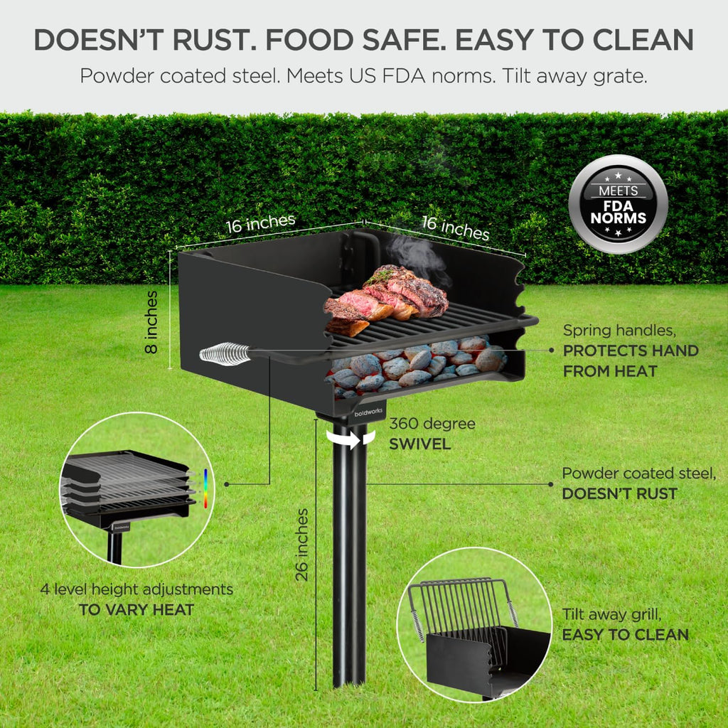 Park Grill Park Style Charcoal Grill In Ground Heavy Duty for Commercial and Outdoor Cooking Rustproof and 360 Degree Swivel 16x16 Inch