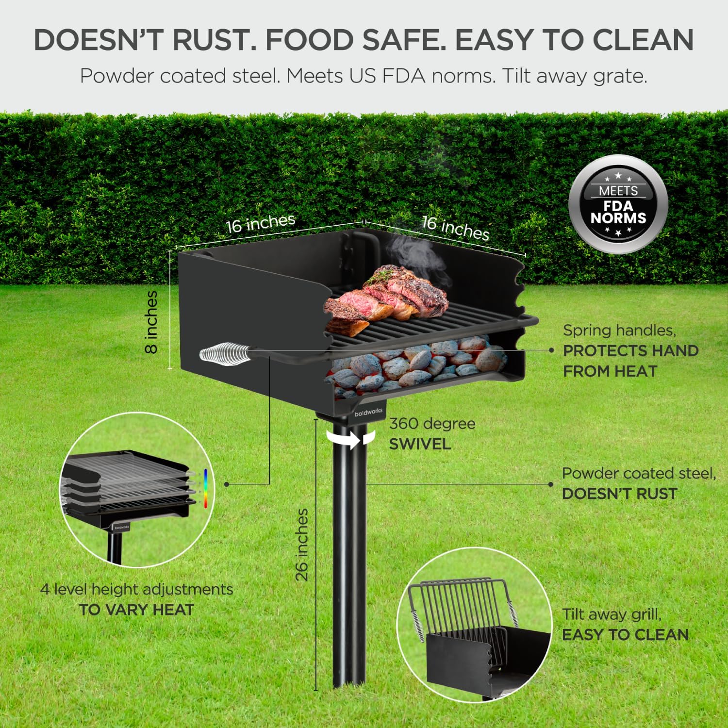 Park Grill Park Style Charcoal Grill In Ground Heavy Duty for Commercial and Outdoor Cooking Rustproof and 360 Degree Swivel 16x16 Inch