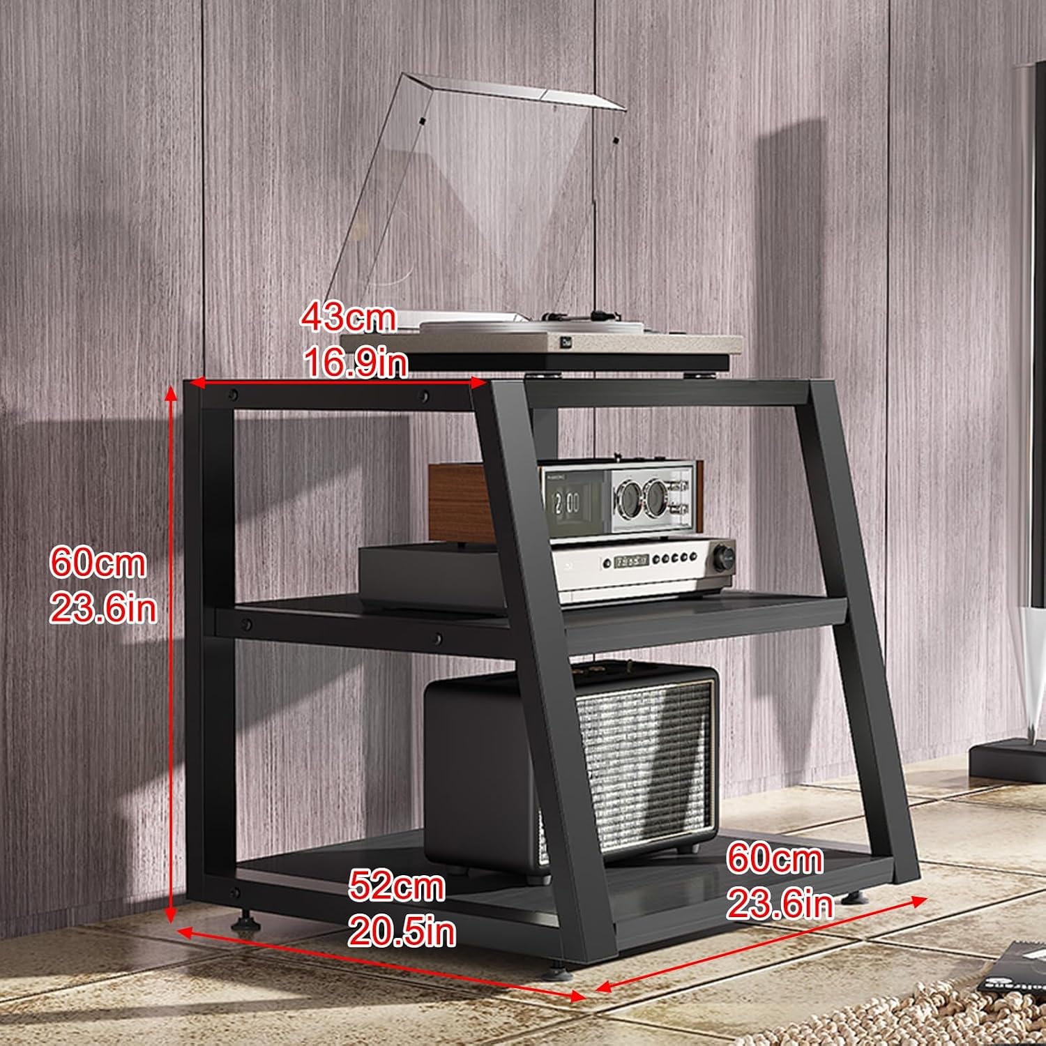 AV Cabinet Audio Rack - Media Stand & Stereo Cabinet for Home/Office/Theater - Stylish Audio Tower for DVD Players - Black 60cm/23.6in - Durable & Space-Saving Design