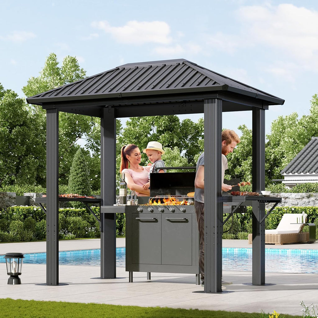 Aoxun Grill Hardtop Gazebo 5 x 8 FT, Outdoor Metal Hard Top Gazebo, Permanent BBQ Pavilion with Galvanized Steel Roof, Aluminum Pavilion with Shelves for Lawn, Garden, Patio, Backyard
