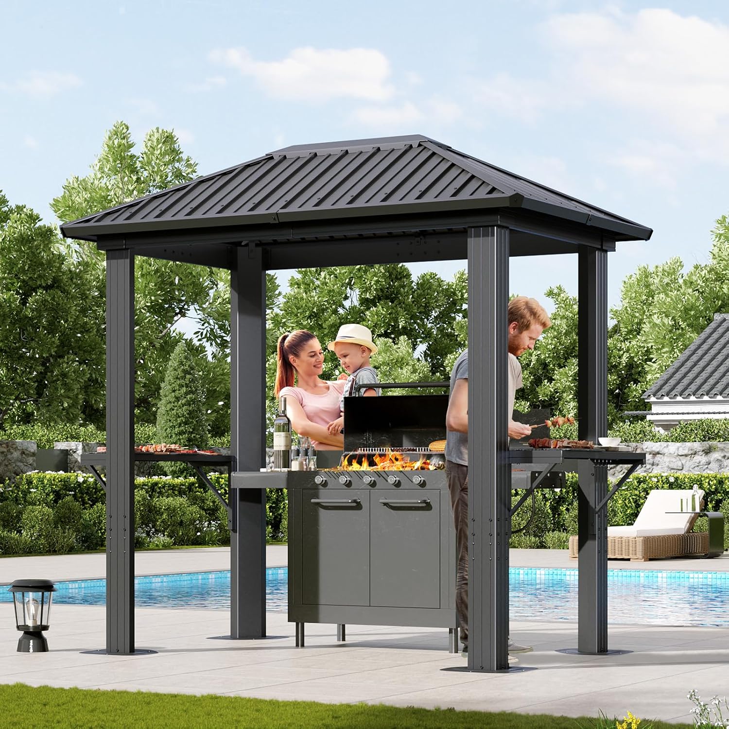 Aoxun Grill Hardtop Gazebo 5 x 8 FT, Outdoor Metal Hard Top Gazebo, Permanent BBQ Pavilion with Galvanized Steel Roof, Aluminum Pavilion with Shelves for Lawn, Garden, Patio, Backyard