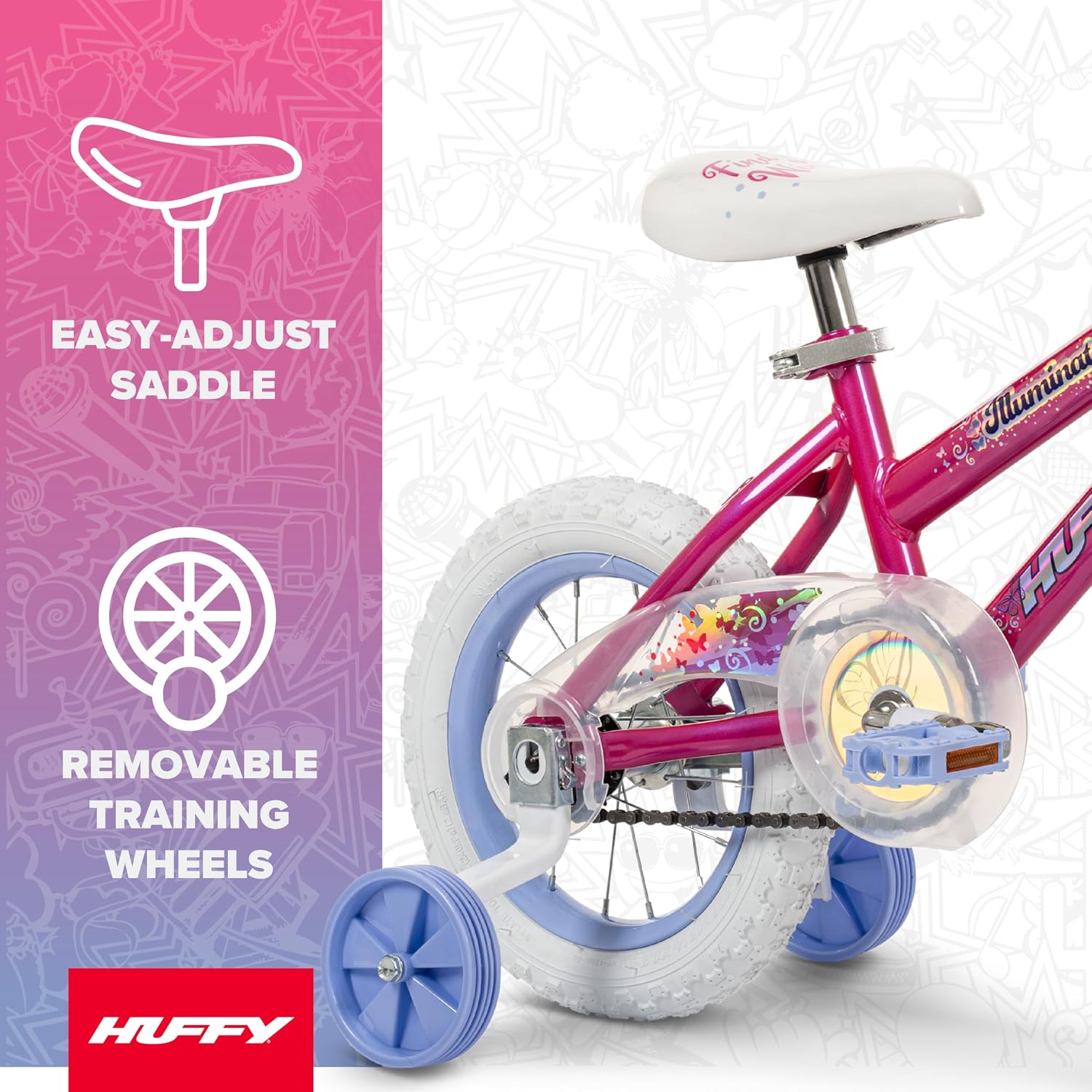 Huffy Illuminate Bike for Girls, 12/16/20 Inch Size Options, Ages 3+ Years Old, Removable Training Wheels (12' and 16' Only), Multiple Color Options, Easy Assembly, Adjustable Seat, Durable