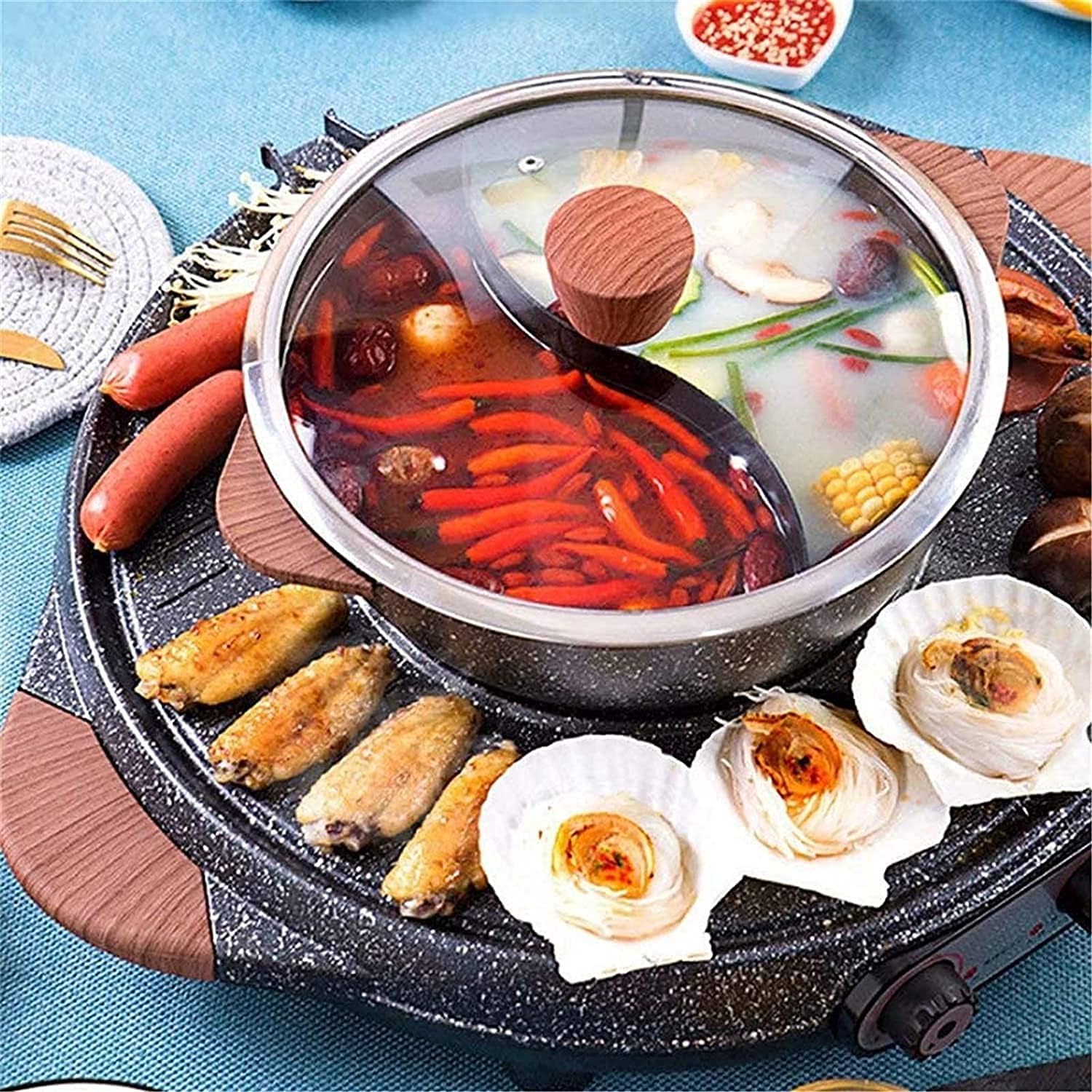 Korean BBQ Grill Electric Grill Indoor Multifunctional Hot Pot Teppanyaki Intelligent Temperature Control Grill & Shabu Shabu Pot with Divider for Family Gatherings,2100W,