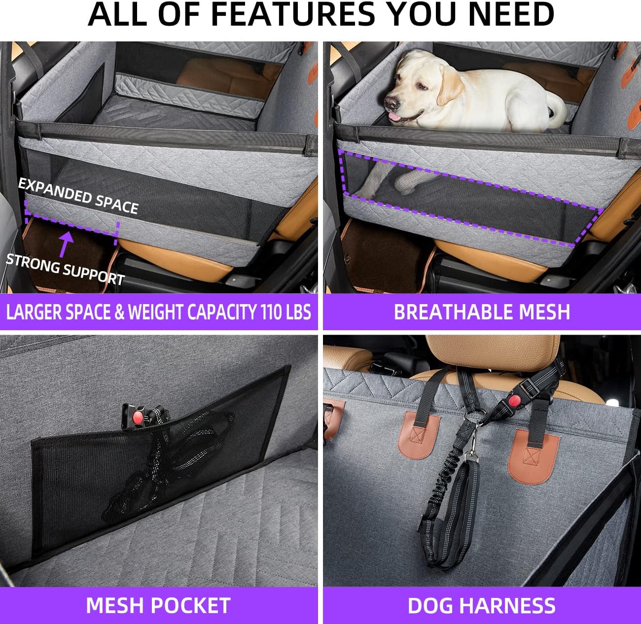 TKYZ Large Dog Car Seat,Back Seat Extender for Dogs,Waterproof Medium Dog Seat Cover for Backseat, Pet Bed for Car Hammock(Grey-L)