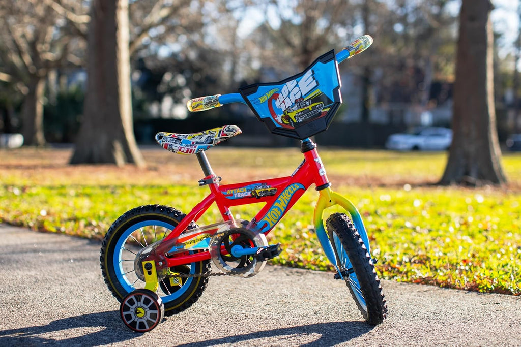 Dynacraft Hot Wheels Boys BMX Bikes Sizes 12' - 18' for Ages 3-9 Years in red, Black, with Handlebar rev Grip Play Feature