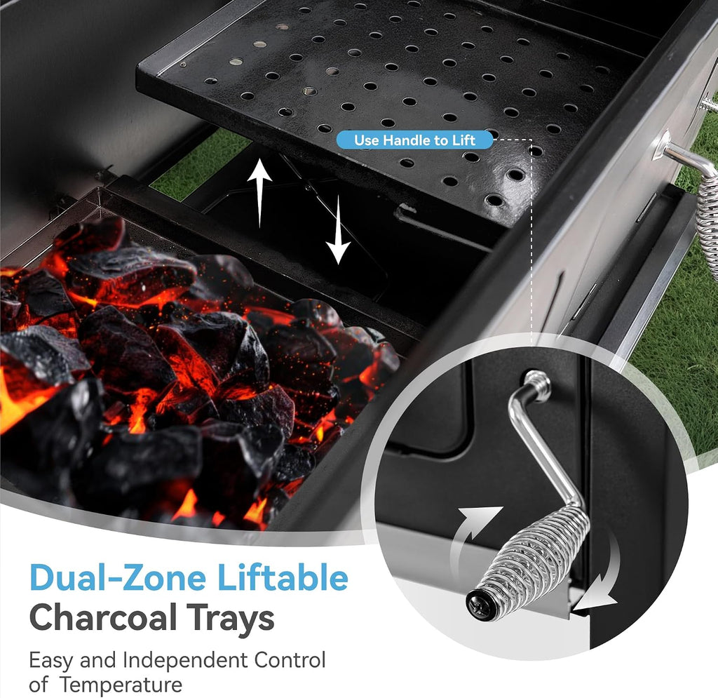 34-Inch Barrel Charcoal Grill with Side Tables, 794 Square Inches Cooking Space, Large Charcoal BBQ Grill with 2 Height-Adjustable Charcoal Pans for Outdoor Backyard Patio Picnic Parties Camping