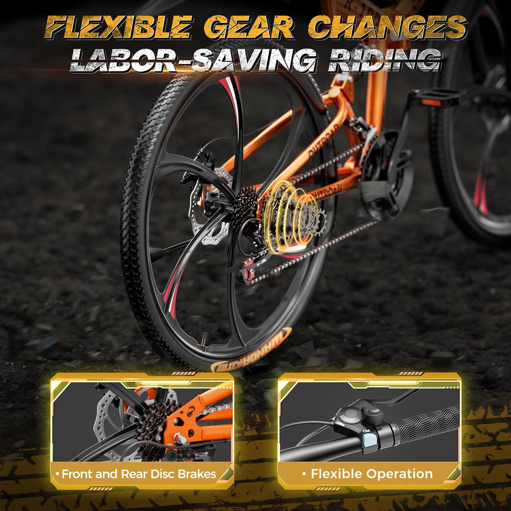 Outroad 26 Inch Folding Mountain Bike, 21 Speed Full Suspension High-Carbon Steel MTB Foldable Bicycle, Dual Disc Brake Non-Slip Folding Bikes for Adults/Men/Women, Black, Orange and Green