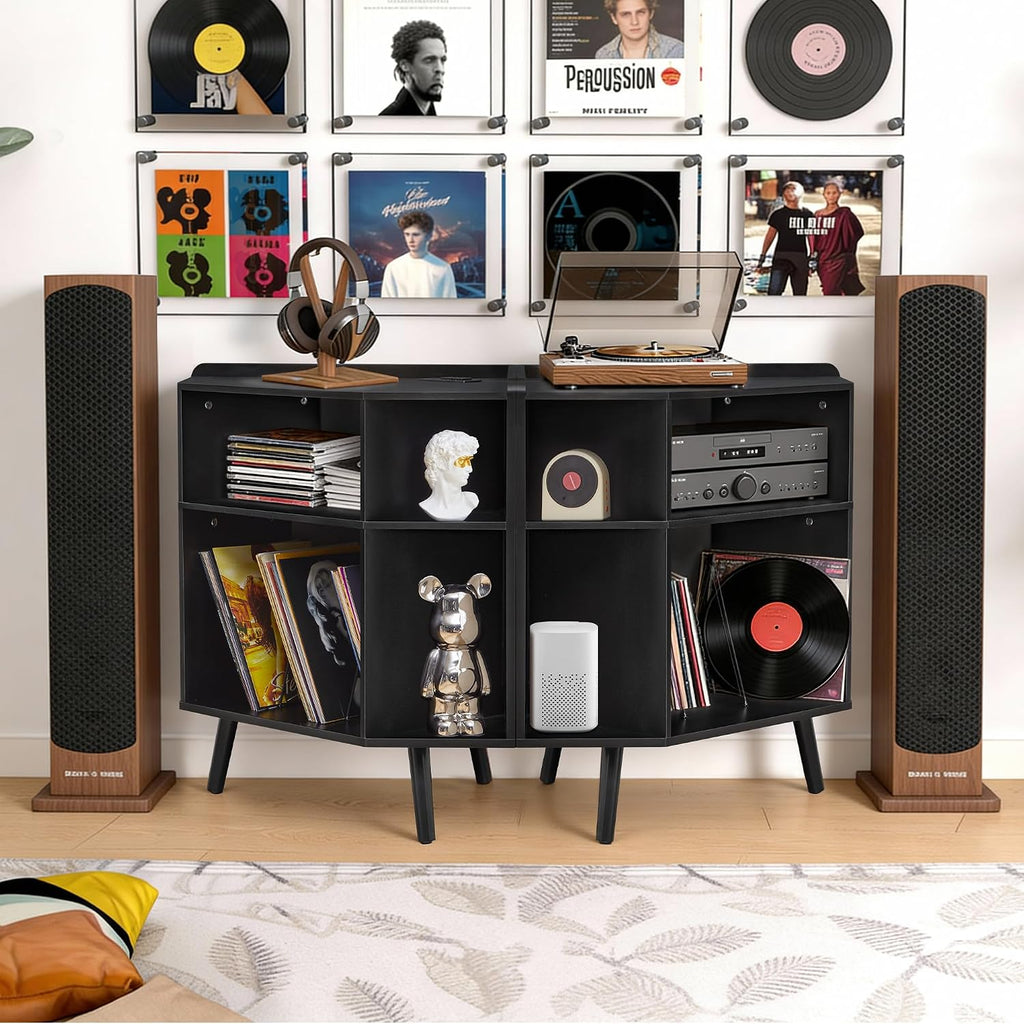 Corner Record Player Stand with Charging Station & USB Ports, 3 Tier Mid Century Modern Vinyl Record Storage Cabinet, Wood Turntable Stand for Music Room, Living Room, Small Space (Black)